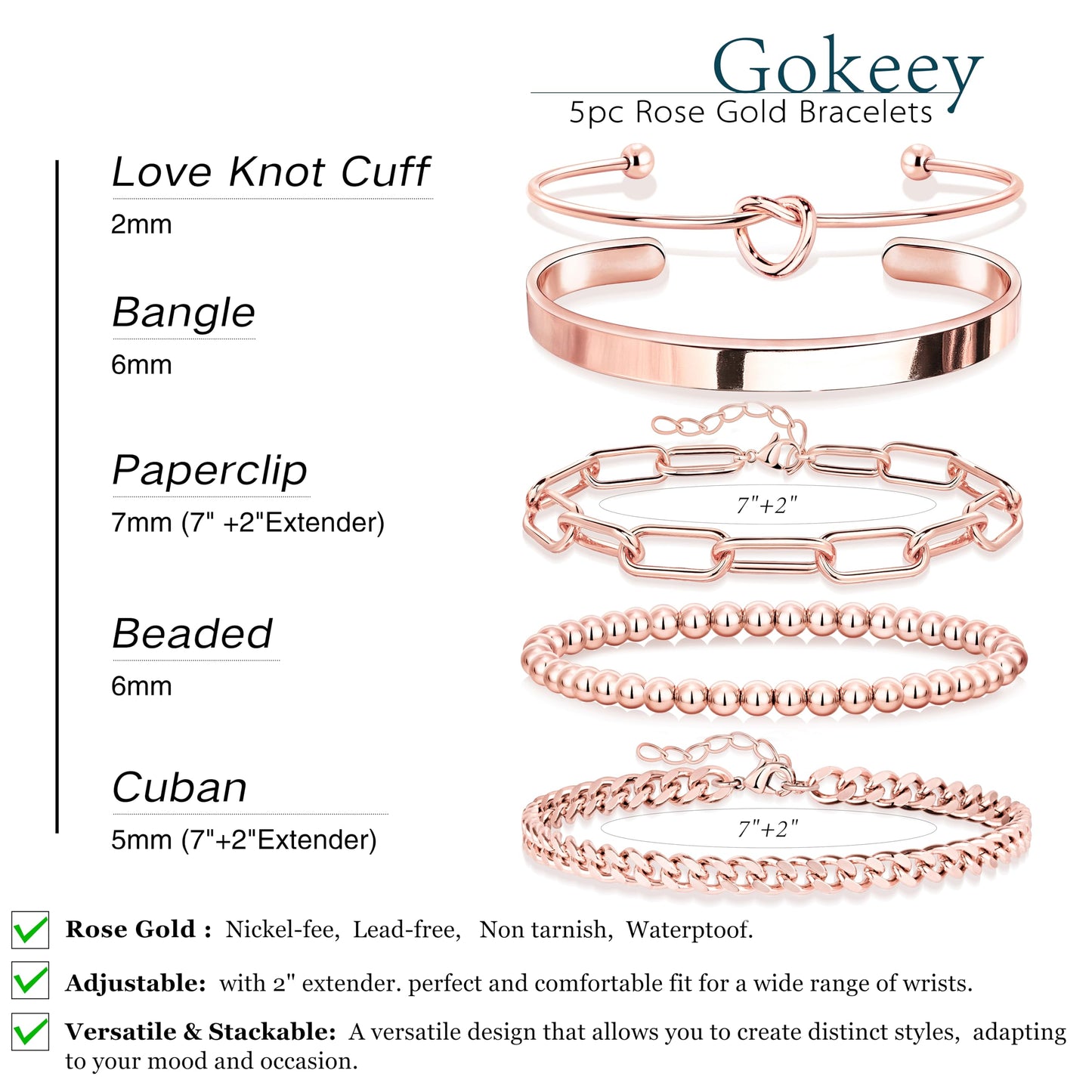 Gokeey Rose Gold Bracelets for Women Non Tarnish Waterproof Rose Gold Bracelets Stack Dainty Cuff Paperclip Bead Cuban Layered Chain for Jewelry Gifts