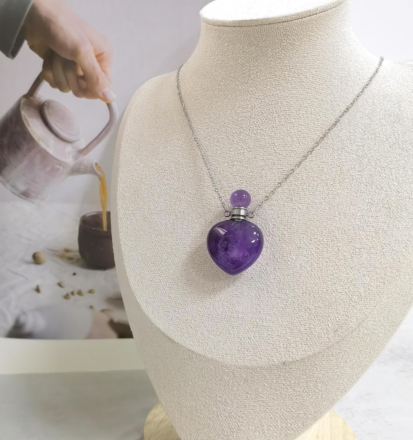 Ladywowu Amethyst Necklace, Make a Wish Perfume Bottle Necklace, Crystal Heart for February Birthstone Jewelry, Small Vial for Liquid, Essential oil