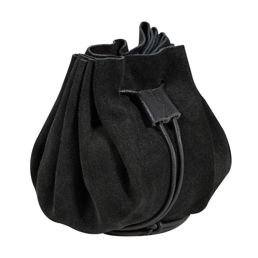 Mythrojan medieval leather pouch suede drawstring belt bag for larp, viking, renaissance cosplay, coin & jewelry waist purse (black, 3.8" x 3.8")