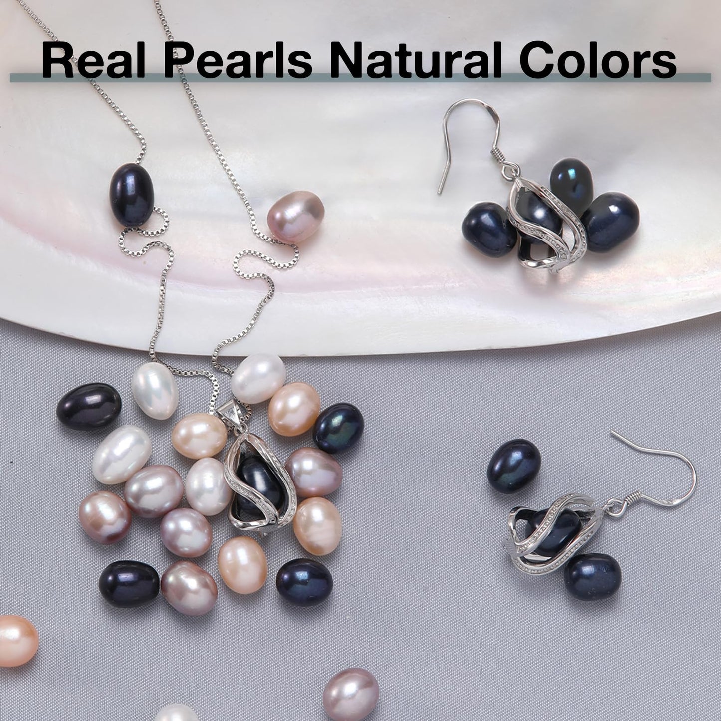 HENGSHENG Pearl Jewelry Set For Women S925 Sterling Silver Necklace & Earrings Set Freshwater Pearl Pendant Cage Set for Wedding Anniversary Prom Birthday Gift - Silvery Black