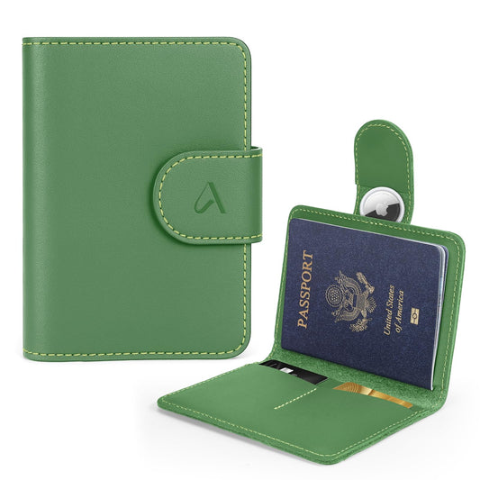 ALLIVE Rfid Passport Holder for Travel Women, Rfid Passport Cover Wallet, Genuine Leather Passport Holder for Travel with AirTag Hidden, Airport Essentials, Travel Gifts (Avocado Green)