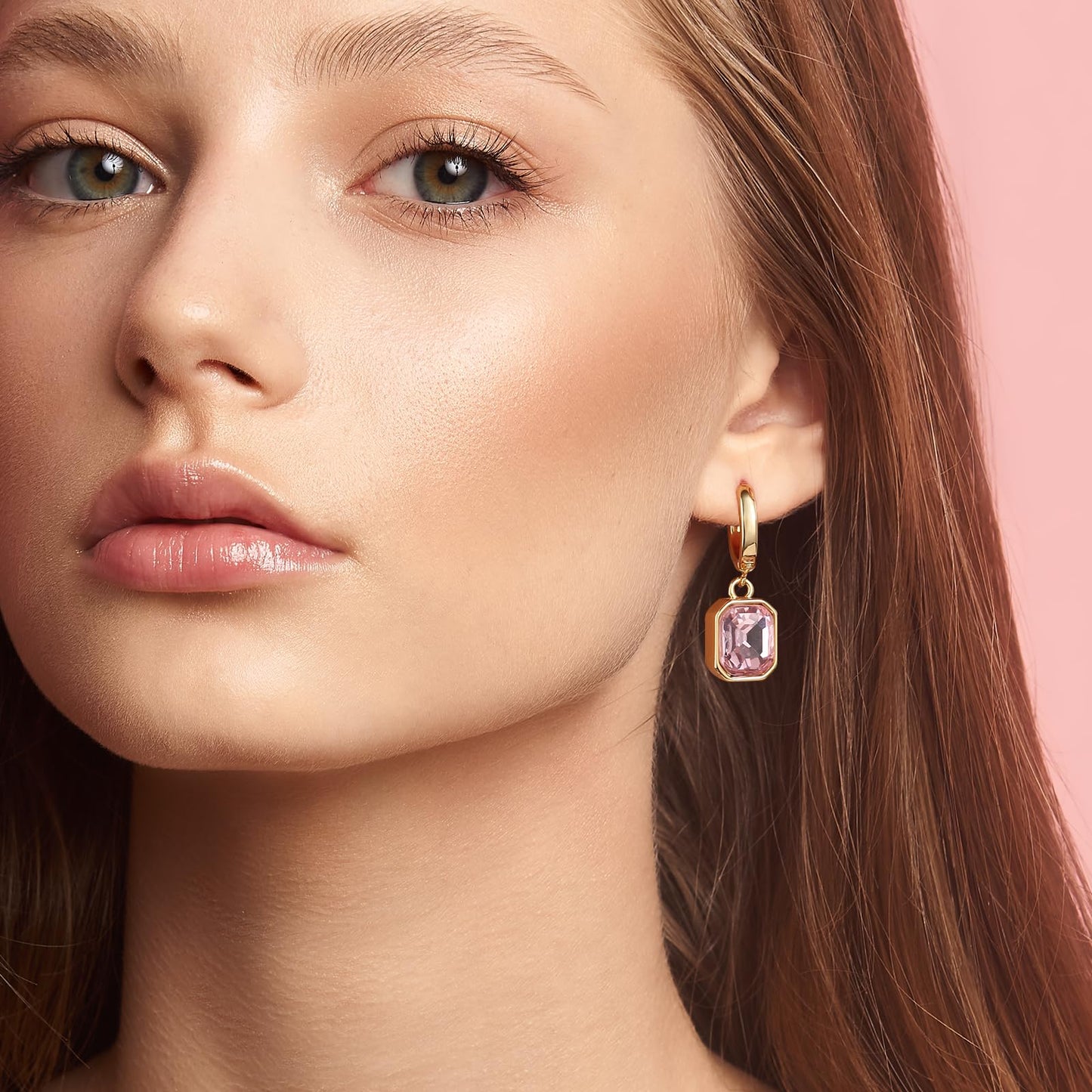 Birthstone Crystal Dangle Drop Earrings, 18K Gold Plated Huggie Hoop Hypoallergenic Earring Jewelry Gifts for Women (Pink)