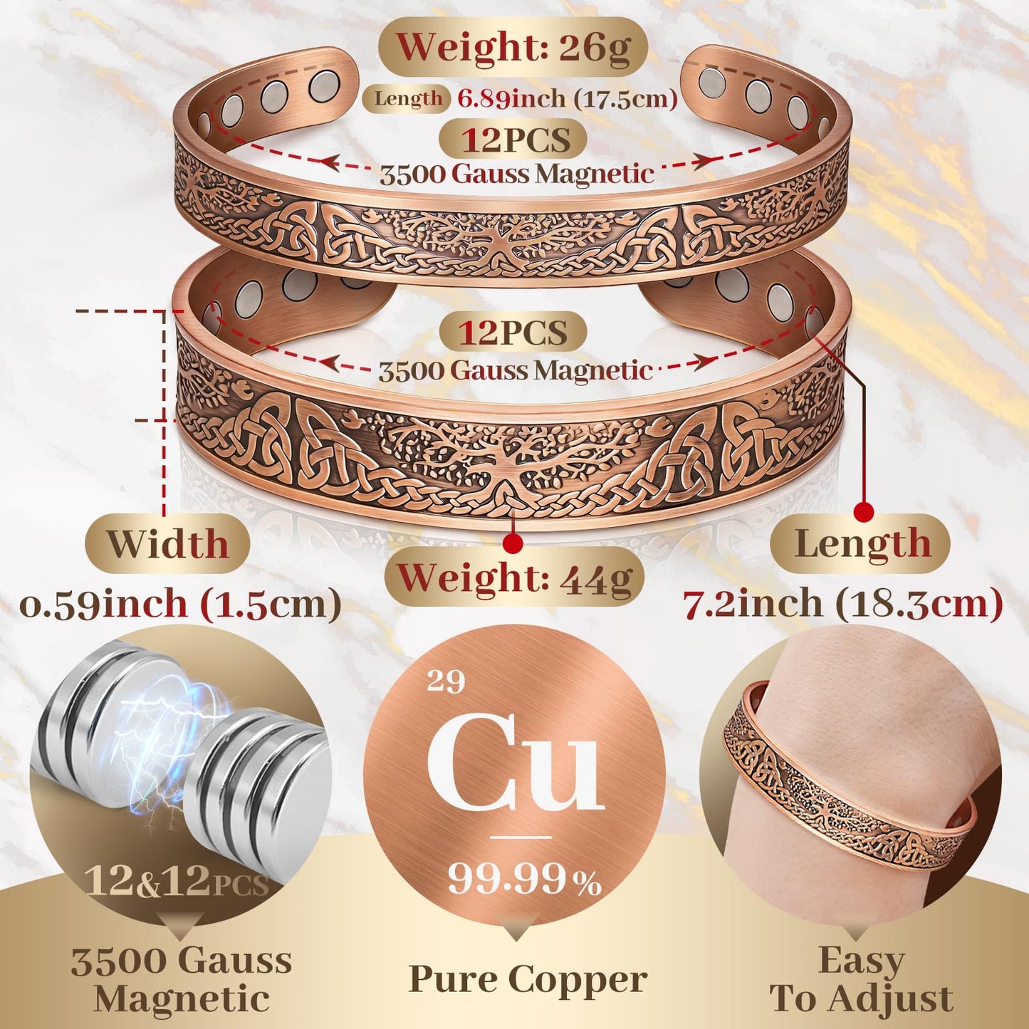 Auramag Bracelets for Men, 100% Pure Copper bracelets for women, Magnetic Bracelets with 3500 Gauss Effective Magnets, Adjustable Copper Jewelry Gift with Gift Box
