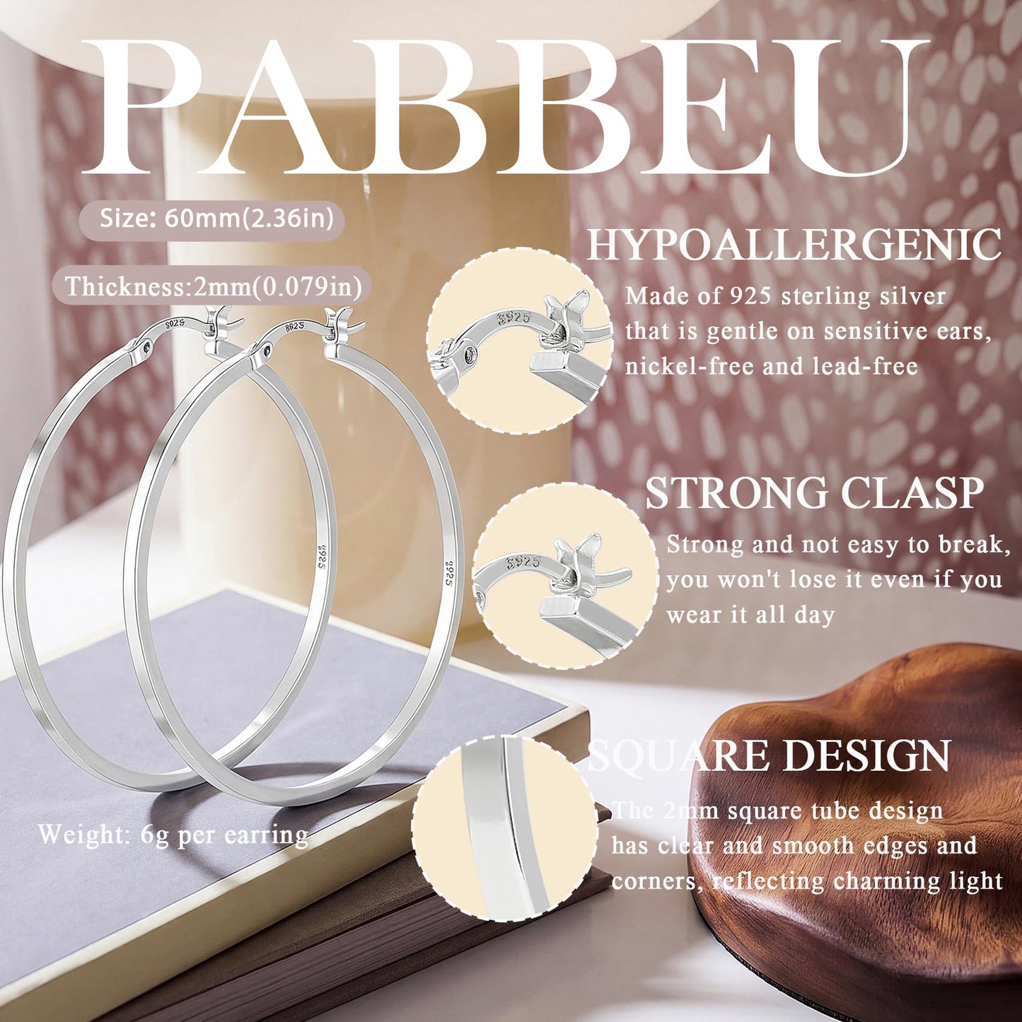 PABBEU 925 Sterling Silver Hoop Earrings Hypoallergenic Silver Hoop Earrings Lightweight Large Hoop Earrings for Women with 925 Sterling Silver Post 20/30/40/50/60/70mm