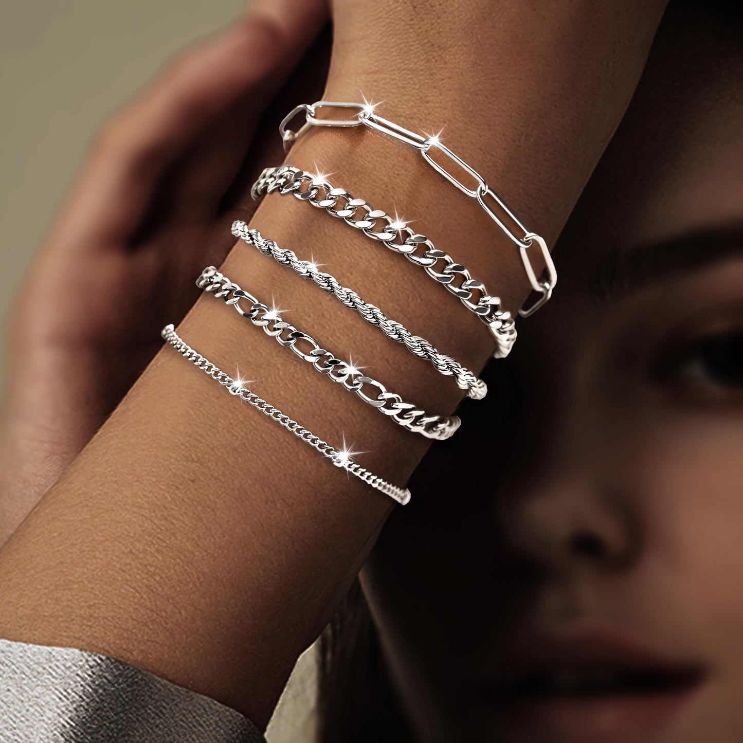 Poxtex Silver Bracelets for Women, Dainty Sterling Silver Bracelets for Women Trendy, Silver Stackable Bracelets Waterproof Jewelry for Women, Classic & Simple Bracelet Set with Cuban Paperclip Figaro