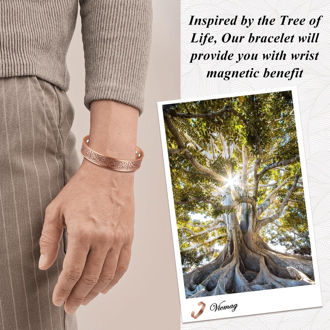 Vicmag Copper Magnetic Bracelet for Men Magnetic Bracelets 9X Ultra Strength Magnets Tree of Life Pattern Adjustable 99.9% Solid Pure Copper Present