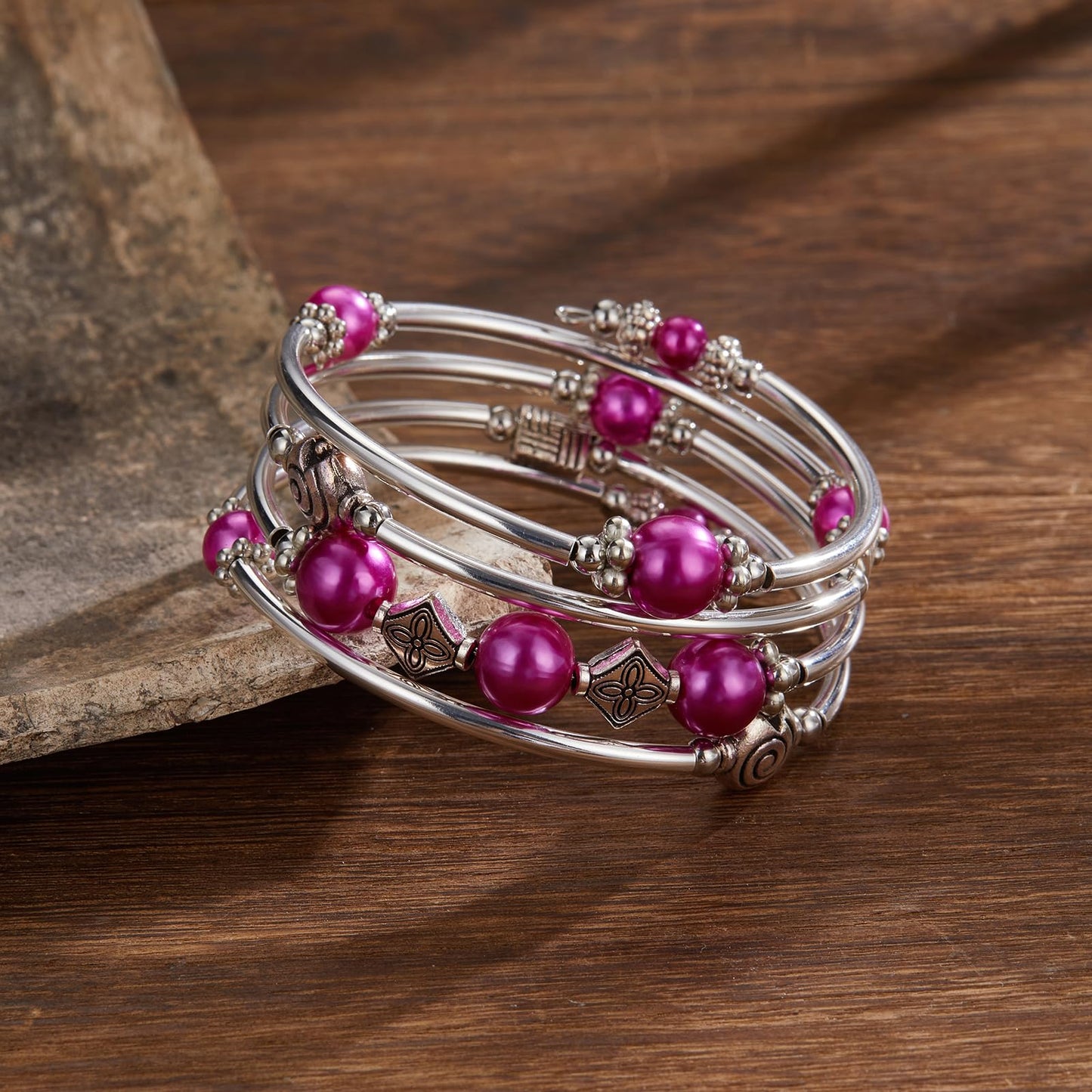 Beaded Pearl Bangle Wrap Bracelet - Fashion Bohemian Jewelry Multilayer Charm Bracelet with Thick Silver Metal Beads, Gift For Women(Fuchsia)
