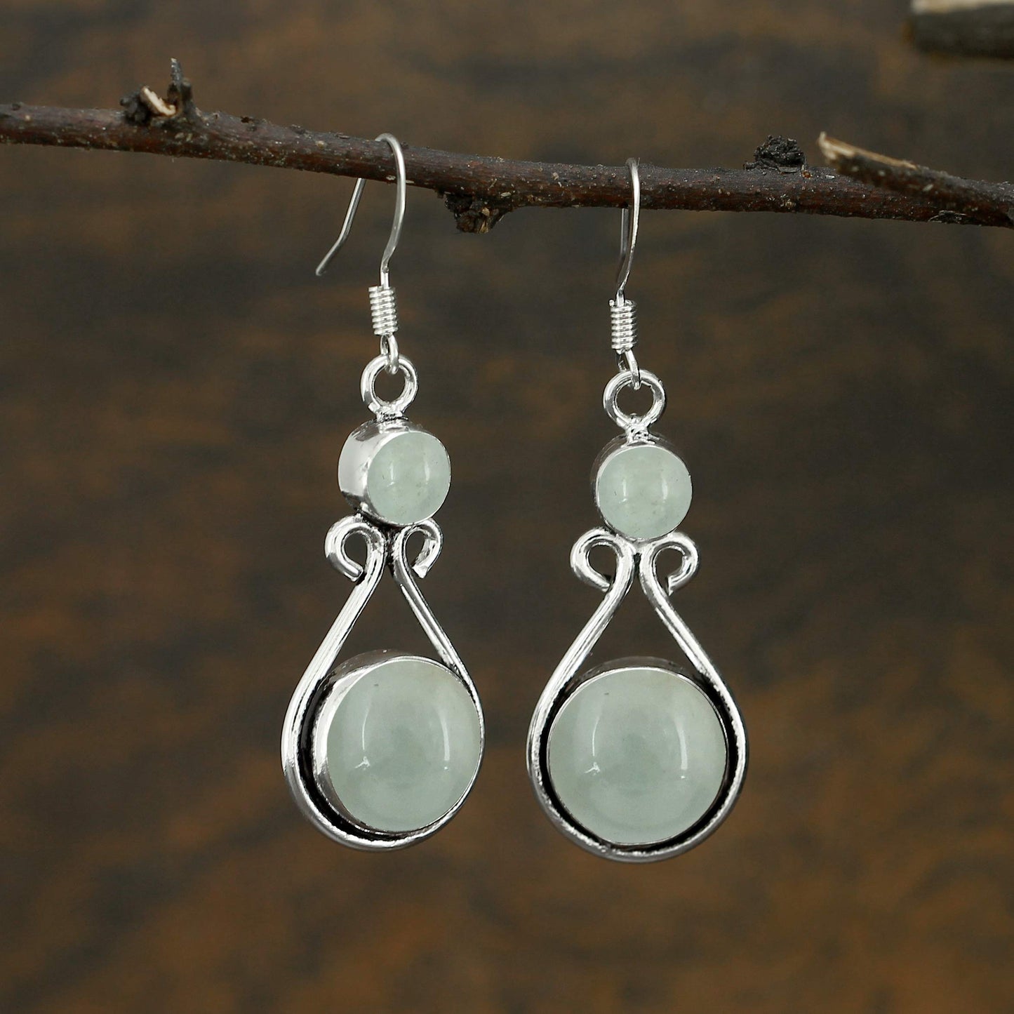 Natural Aquamarine Silver Plated Dangle Earrings for Women - March Birthstone Round Gemstones Drop Earrings Jewelry - Handmade Gift for Her