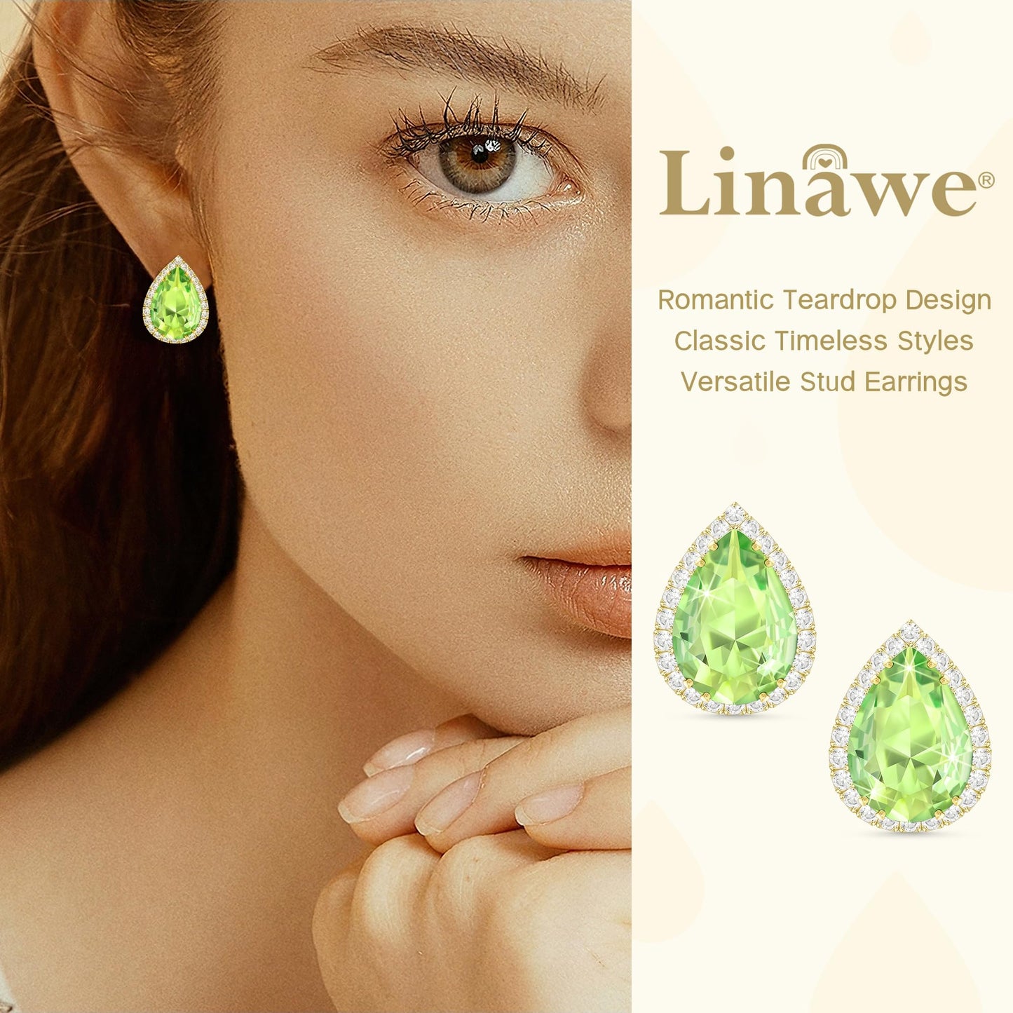 Linawe Green Gold Stud Earrings for Women, Imitation Diamond Morganite Emerald Cubic Zirconia Bridal Earrings, Iridescent Lime Green Teardrop Earrings Studs Rhinestone Crystal