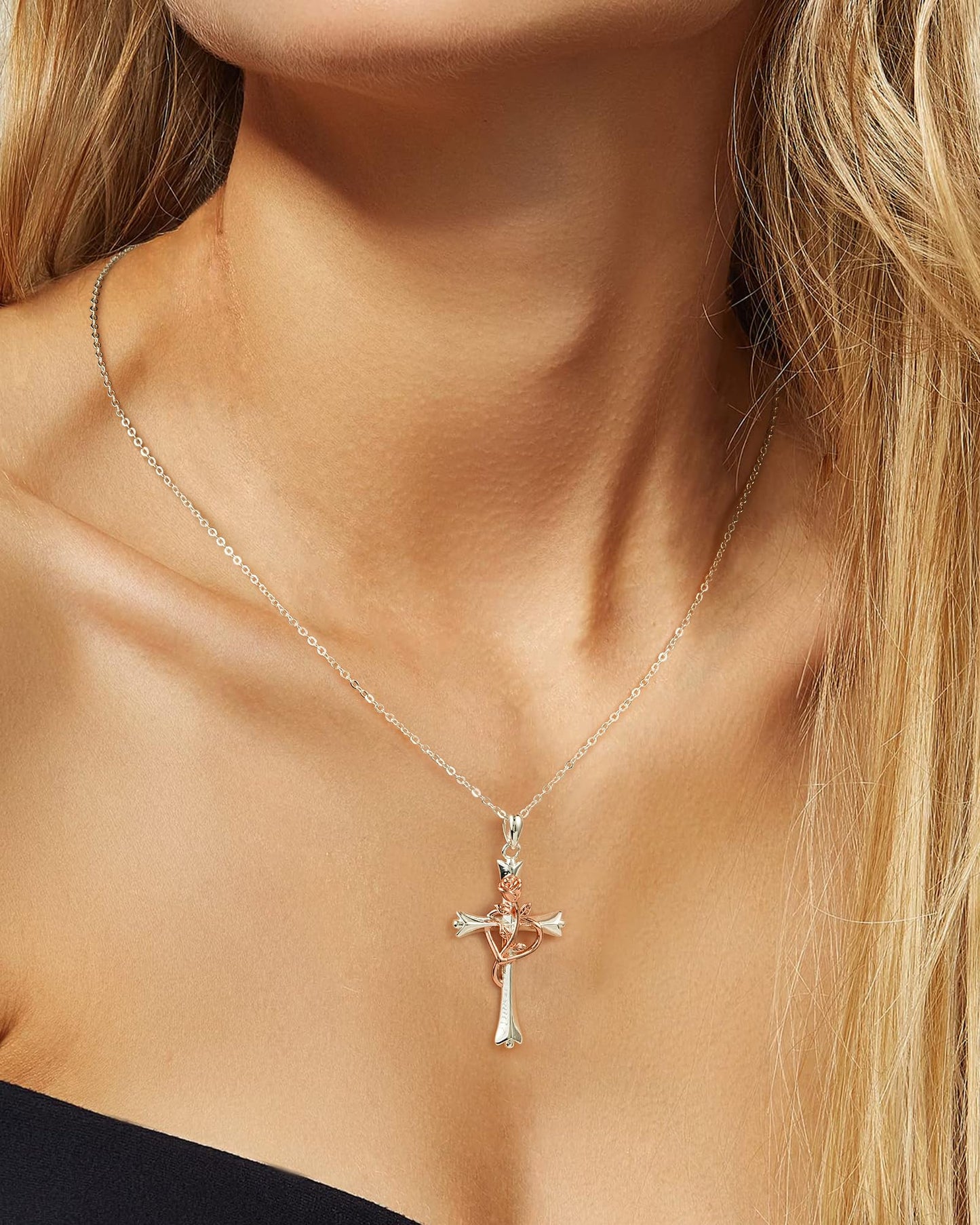 ACECHA Silver Cross Necklace for Women, Dainty Faith Cross Pendant Necklaces with Rose Jewelry for Mom Wife Daughter Sister | Gifts for Birthday Anniversary Christmas Easter(White Silver-Rose)