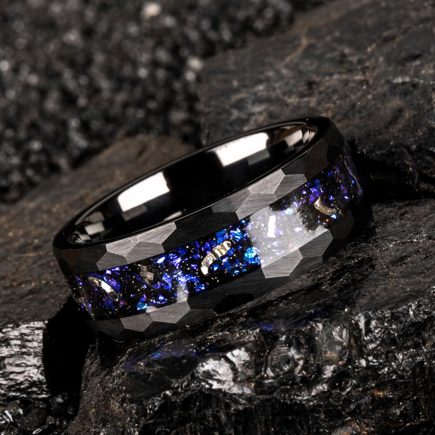 JEWPER 8mm Men Womens Wedding Band Tungsten Rings Black Blue Hammer pattern Fashion Promise Carbide Inlaid Milky Way Foil Iron Filings Matte Finish Edge Comfort Fit Size(12)