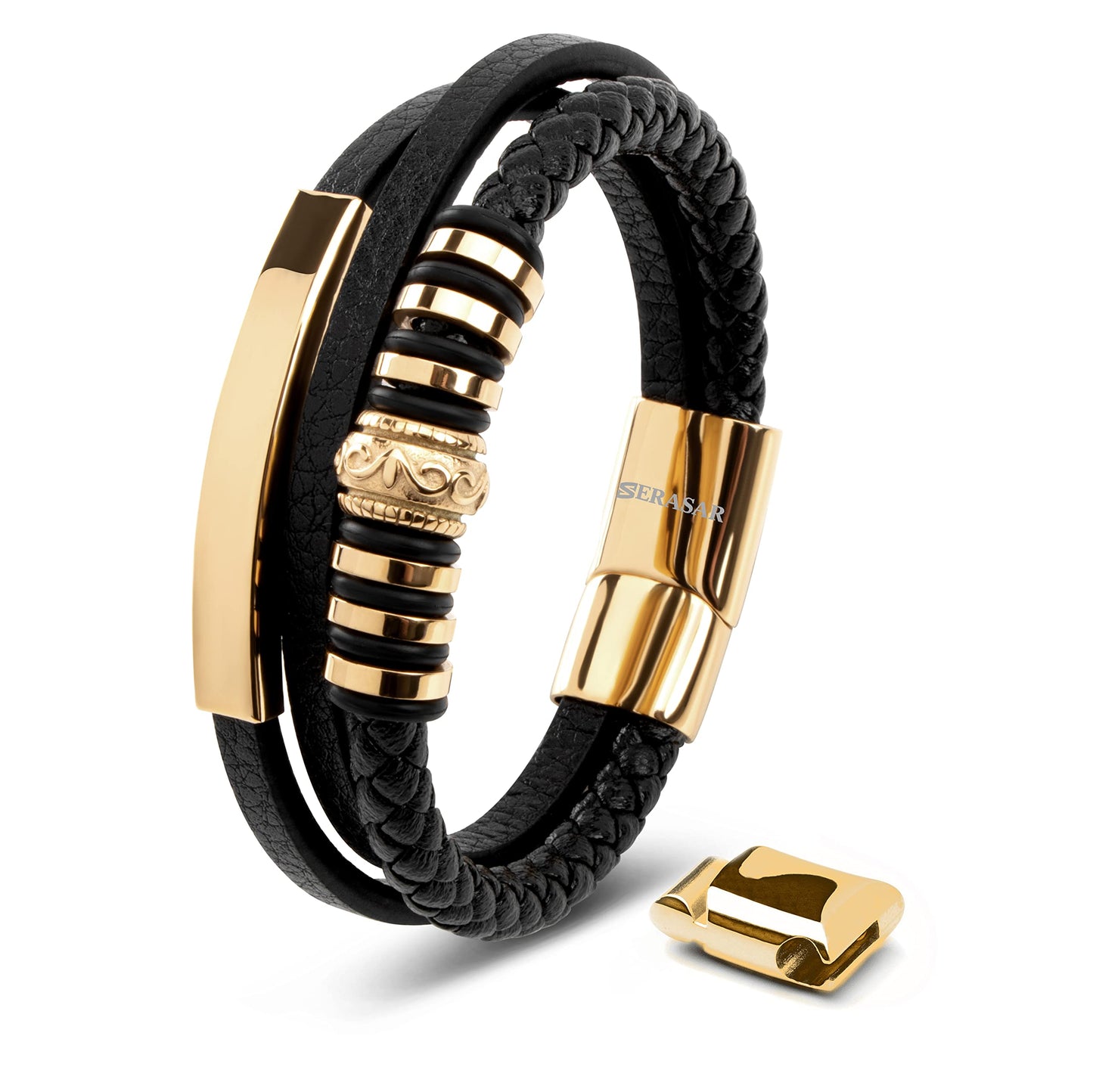 SERASAR Mens Bracelets Leather and Steel Gold Men Bracelet Cowhide Gift Box Braided Stainless Jewelry Wrist Band Cuff Wrap Rope Bangle Dad Man Pulseras para Hombres Cuero Regalo