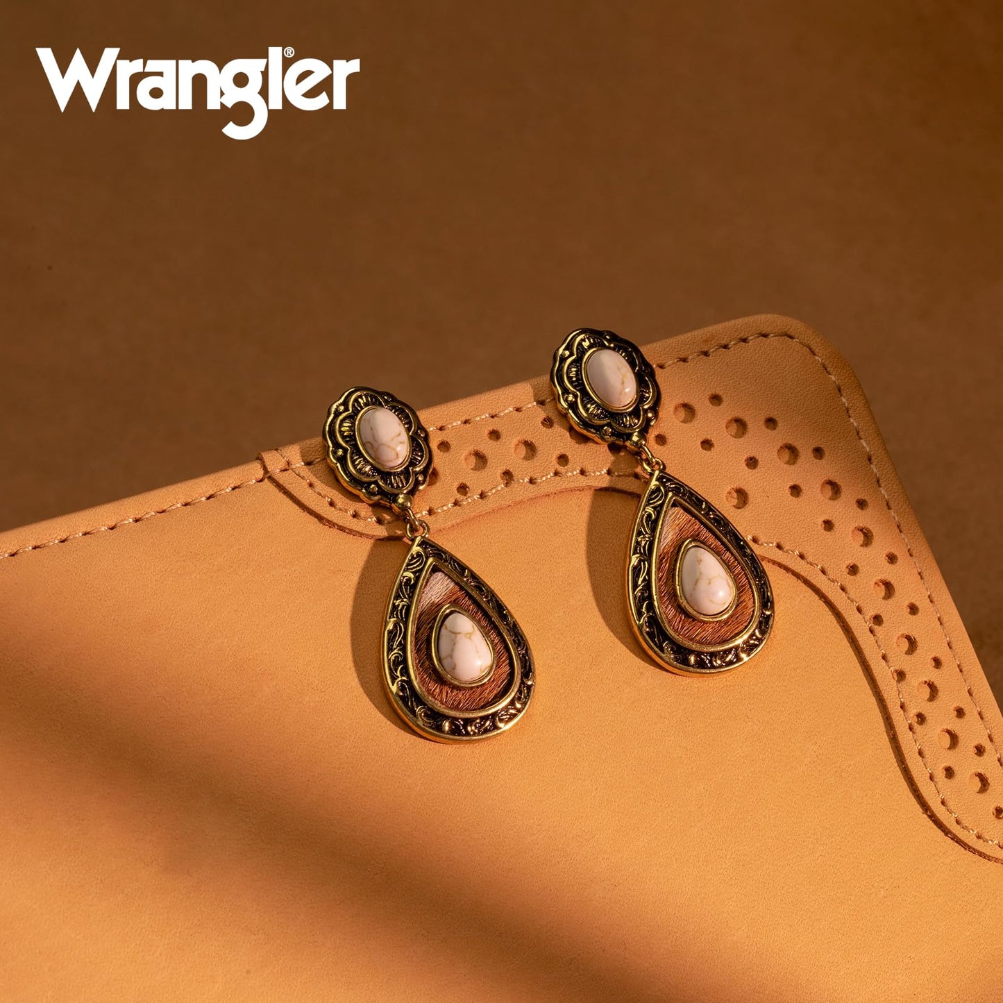 Wrangler Western TearDrop Dangle Earrings for Women Country Statement Genuine Horsehair Turquoise Vintage Cowgirl Cowboy Jewelry (Gold-White)