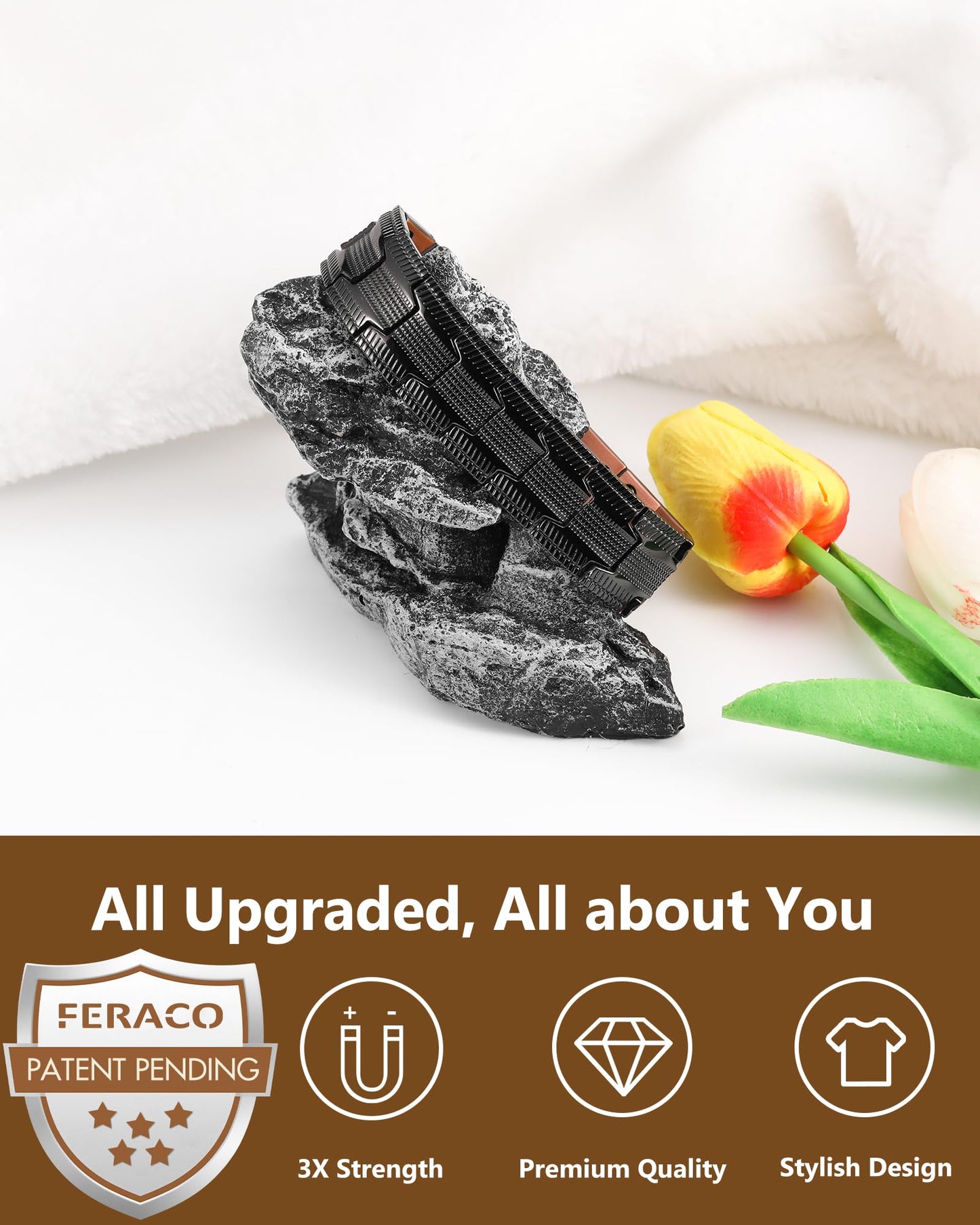 Feraco Copper Bracelet for Men, 3X Strength Magnetic Therapy Cooper Bracelet with Powerful 3800 Gauss Magnets,Copper Jewelry with Tyre-Carved Pattern,Black