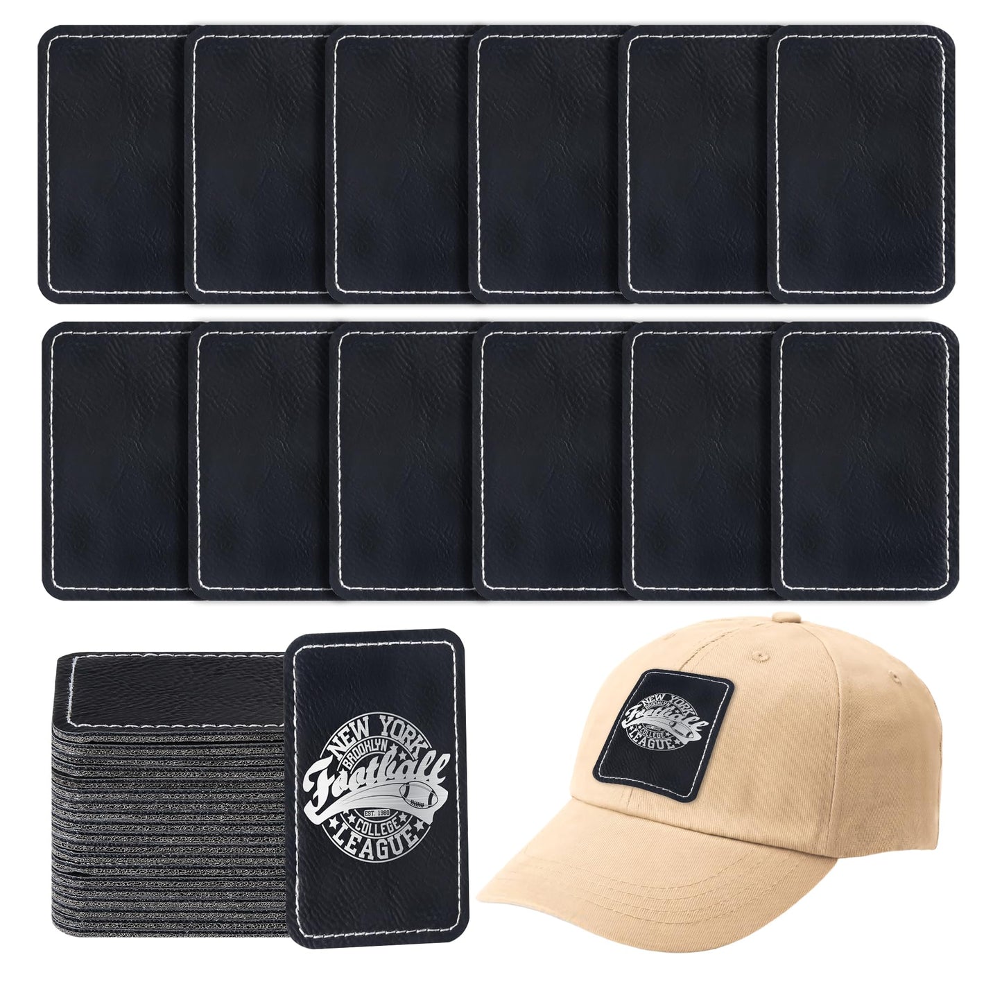 BUVKHMX Blank Leather Patches for Hats - Iron On Leatherette Patches for Laser Engraving Blanks, Custom Hat Patch Heat Press Supplies for DIY Repair and Decoration (60 Pcs, Black Silver)