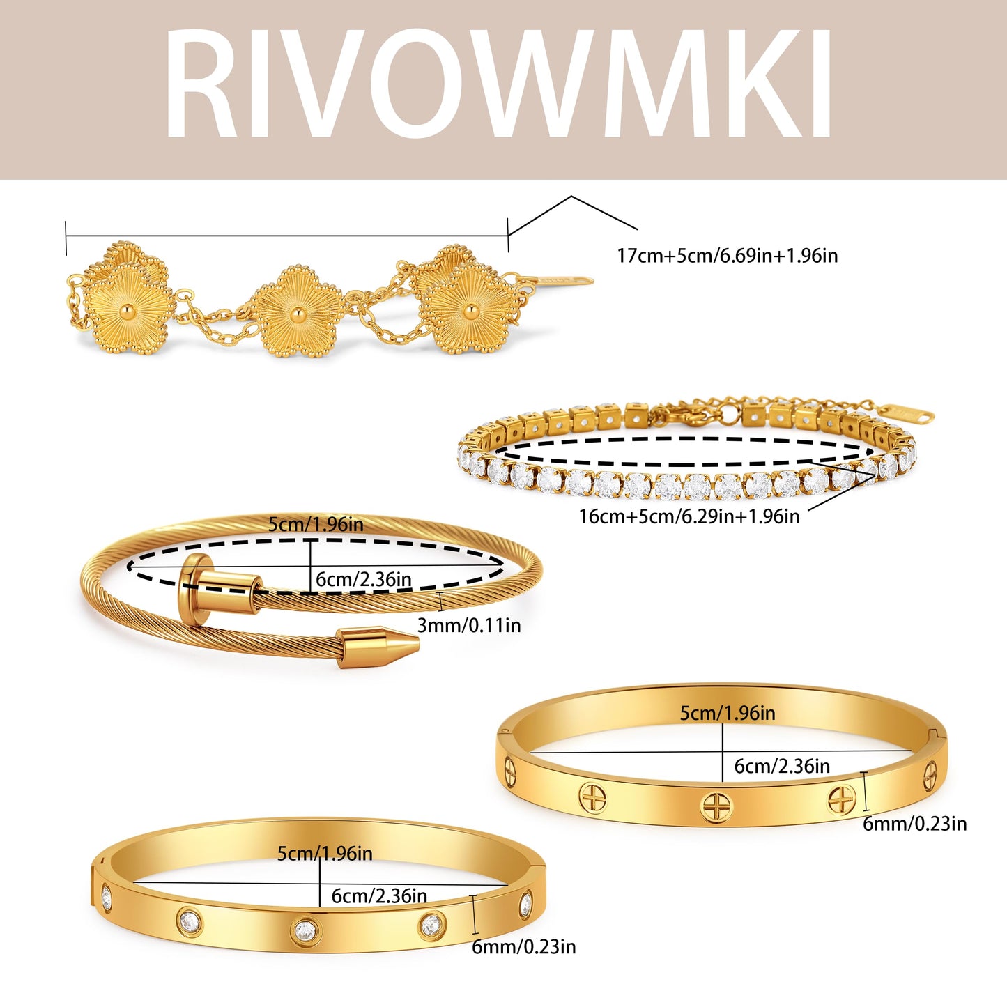RIVOWMKI 18K Gold Plated Bracelet Set for Women, Sparkling CZ Bangle Adjustable Tennis Bracelet, Stackable Clover Jewelry, Non Tarnish Non Fade Long Lasting Shine for Client Meeting Afternoon Tea