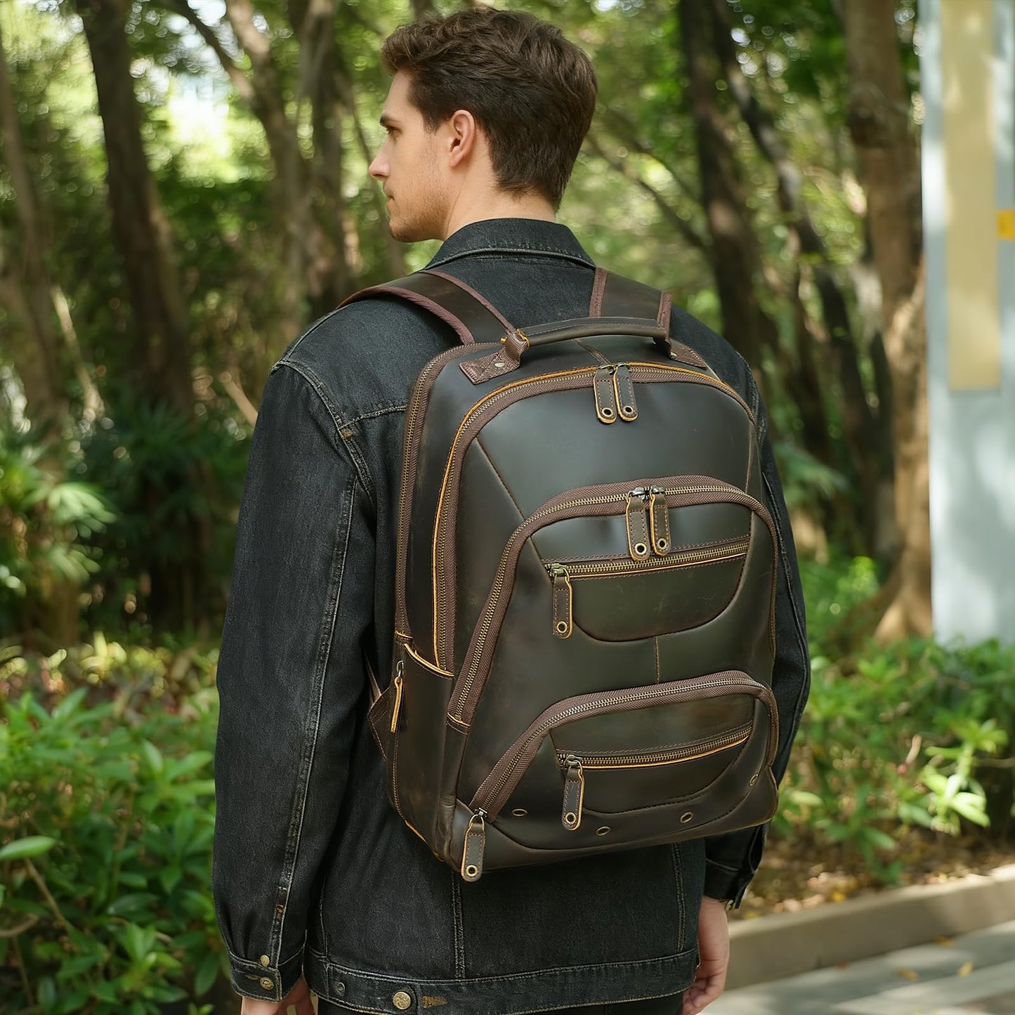 TIDING Leather Laptop Travel Backpack for Men Fits 15.6" 16" Computer, Large Business Work Bag Vintage Overnight Weekender Daypack Camping Rucksack