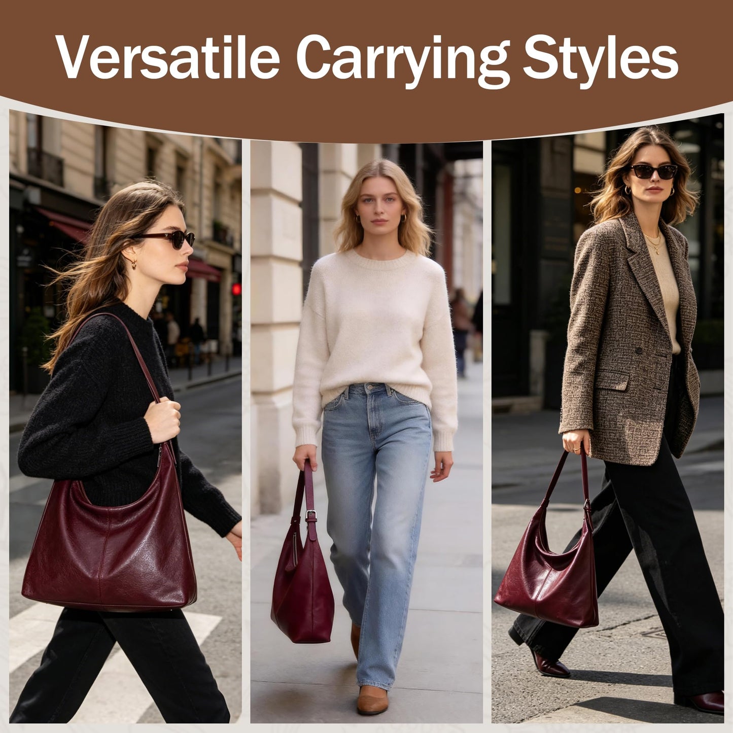 Hobo Bags for Women, Slouchy Shoulder Purse in Vintage Burgundy Vegan Leather, Large Handbag with Adjustable Strap & Center Divider Pocket
