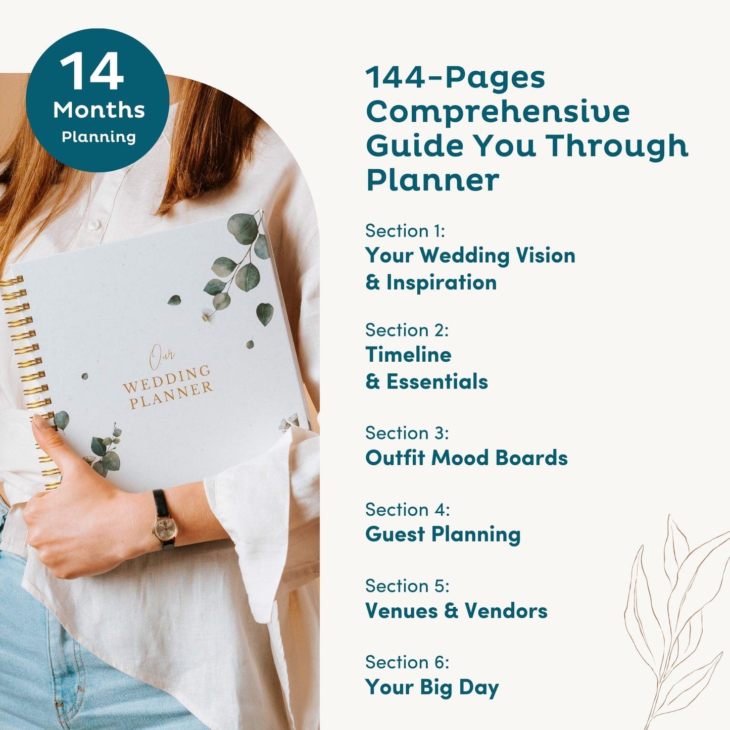 Timeless Premium Wedding Planner Book and Organizer – Wedding Planning Book, Comprehensive Keepsake & Countdown Binder, Perfect Engagement Gift for Women, 11" x 9" (Eucalyptus)