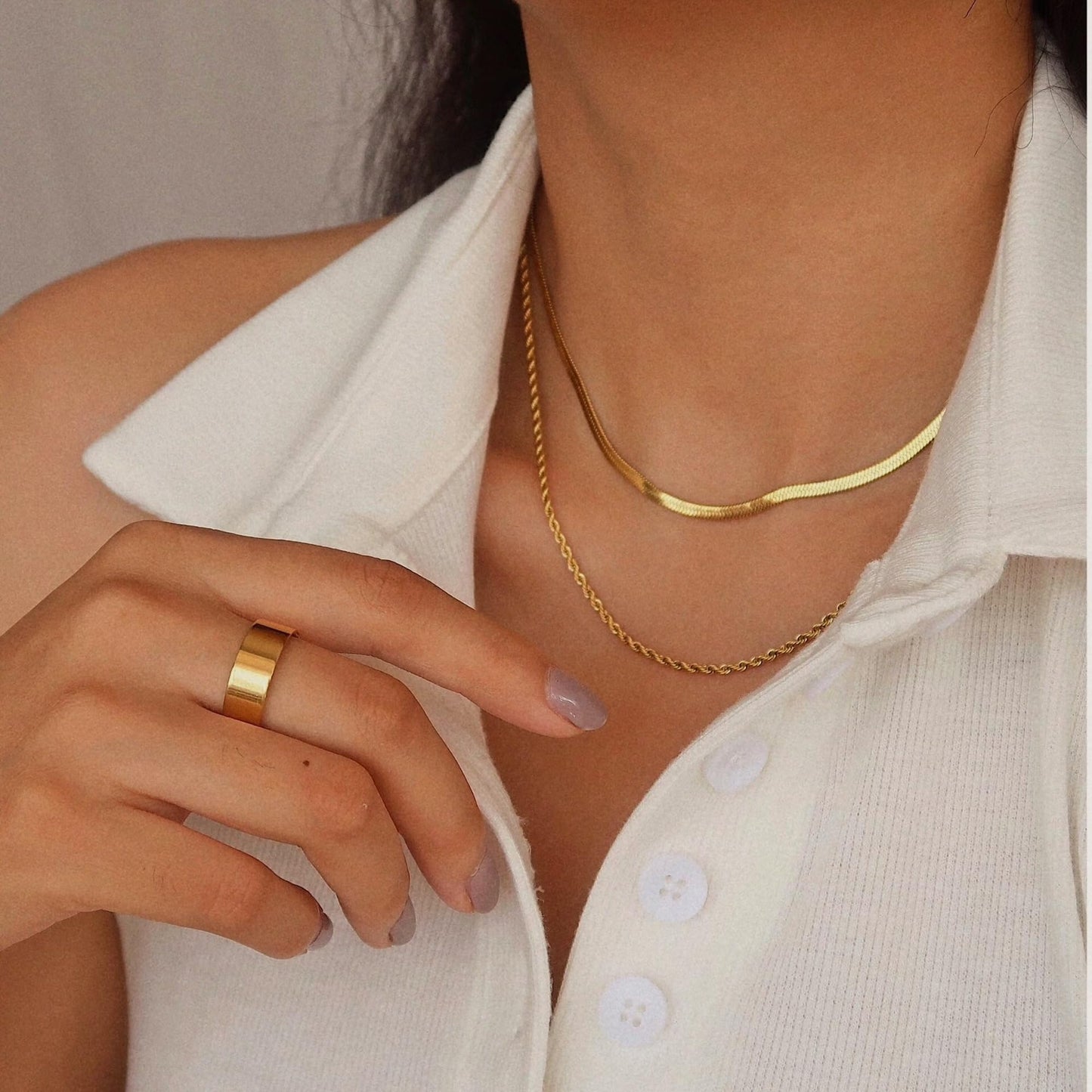 Freekiss Herringbone Necklace for Women,Dainty Snake Chain Necklace,14k Gold Plated Rope Necklace,Simple Layered Necklaces Jewelry Gift Women