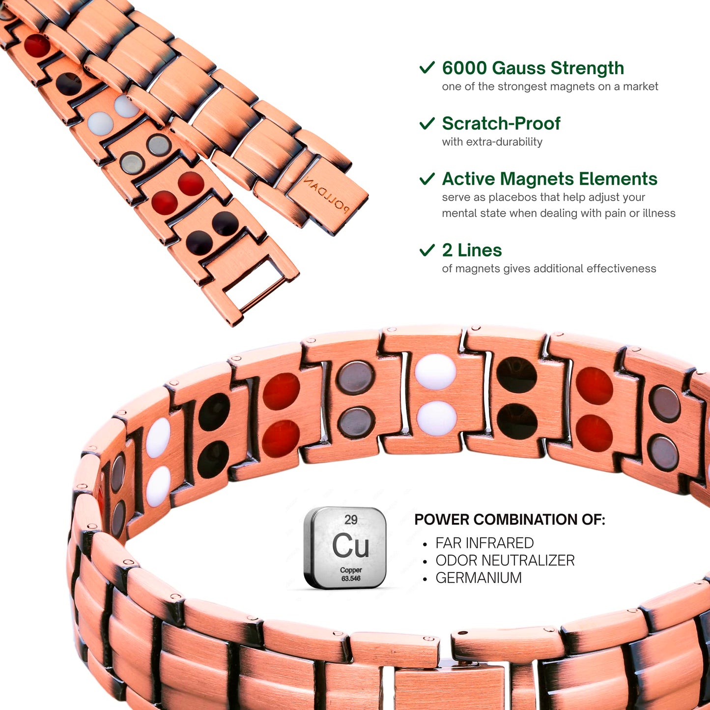 POLLDAN Copper Bracelet 6200 Gauss Power | Mens Bracelet 99.99% Pure Copper | Magnetic Bracelets for Men with Adjustable Fit & Sizing Tool | Stylish Men's Copper Jewelry | Copper Gifts for Him (2X Pure Copper)