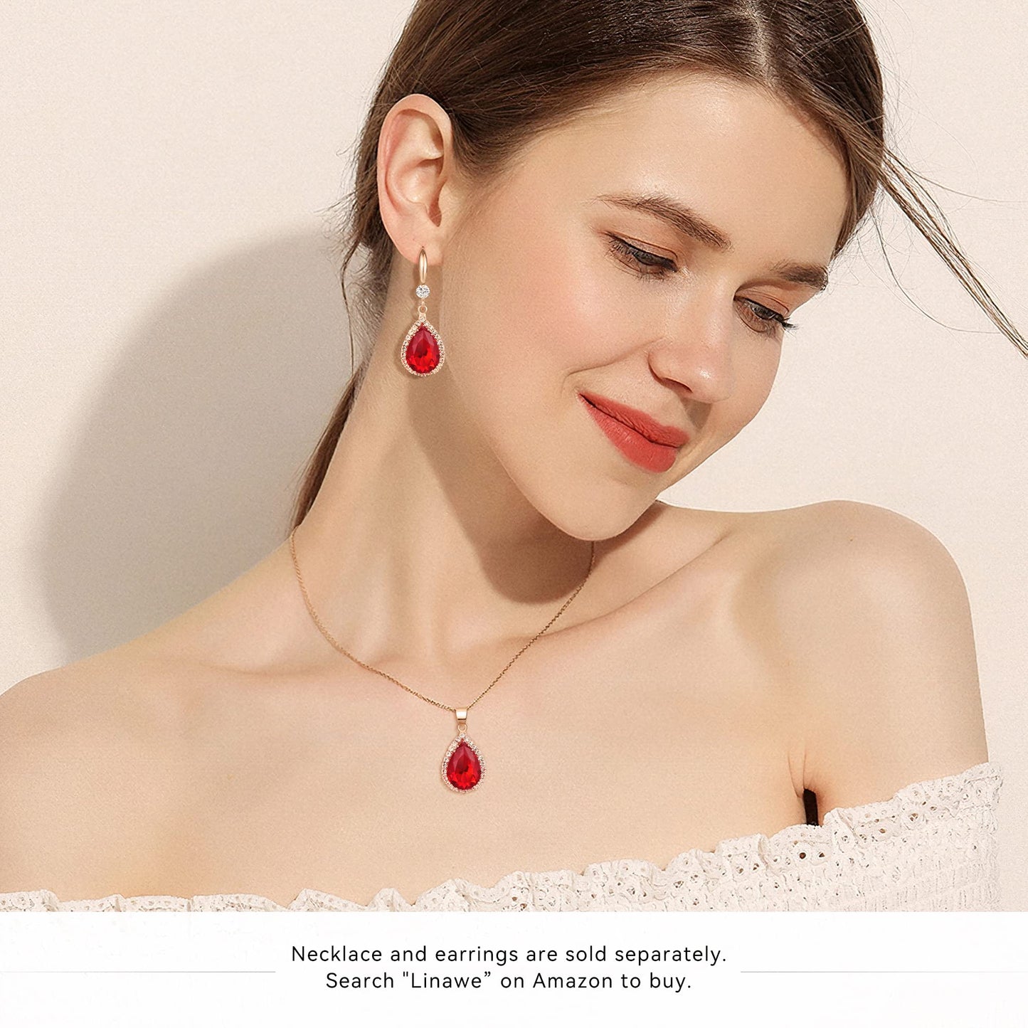 Linawe Red Dangle Earrings for Women Rose Gold, Ruby Imitation Diamond Wedding Drop Earrings, Rhinestone Cubic Zirconia Crystal Earrings Set, Teardrop Birthstone Jewelry