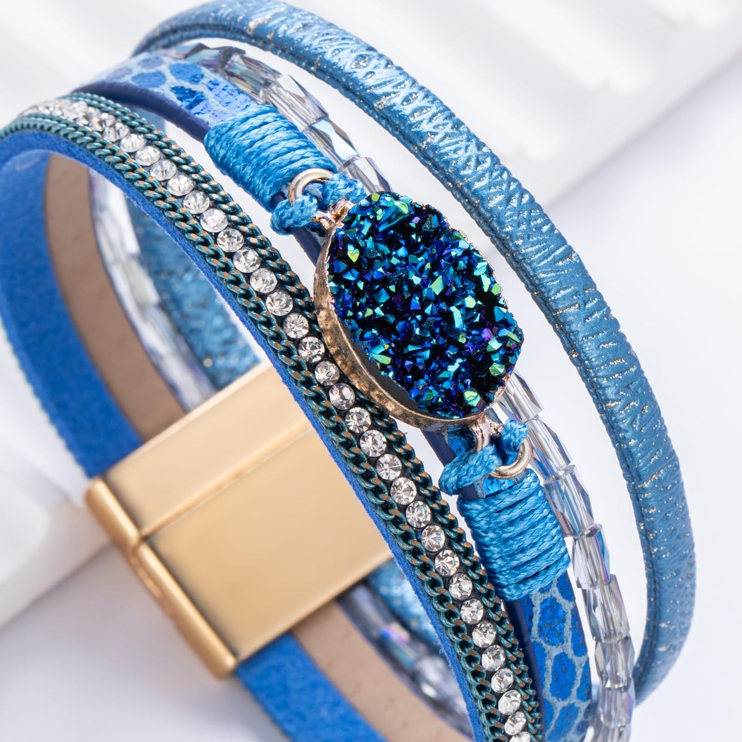 FANCY SHINY Boho Leather Wrap Bracelet Stackable Chunky Crystal Cuff Bracelets with Magnetic Clasp Cowboy Cowgirl Western Summer Beach Outfits Jewelry Gifts for Women (7.7", Royal Blue)