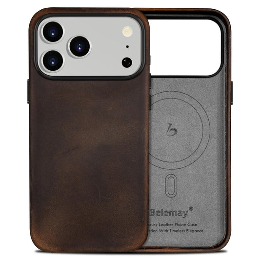 Belemay Handcrafted Crazy Horse Leather Case for iPhone 17 Pro Max, Compatible with MagSafe, Vintage Aesthetic, Two-Tone Effect, Unique Patina, Camera Control Button Coverage (6.9"), Rustic Brown