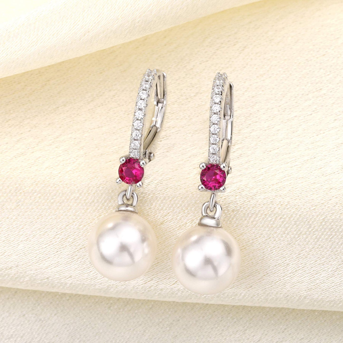 JO WISDOM Pearl Earrings,925 Sterling Silver 3A CZ July Birthstone Ruby Color 8mm Pearl Leverback Drop Earrings,Jewelry for Women