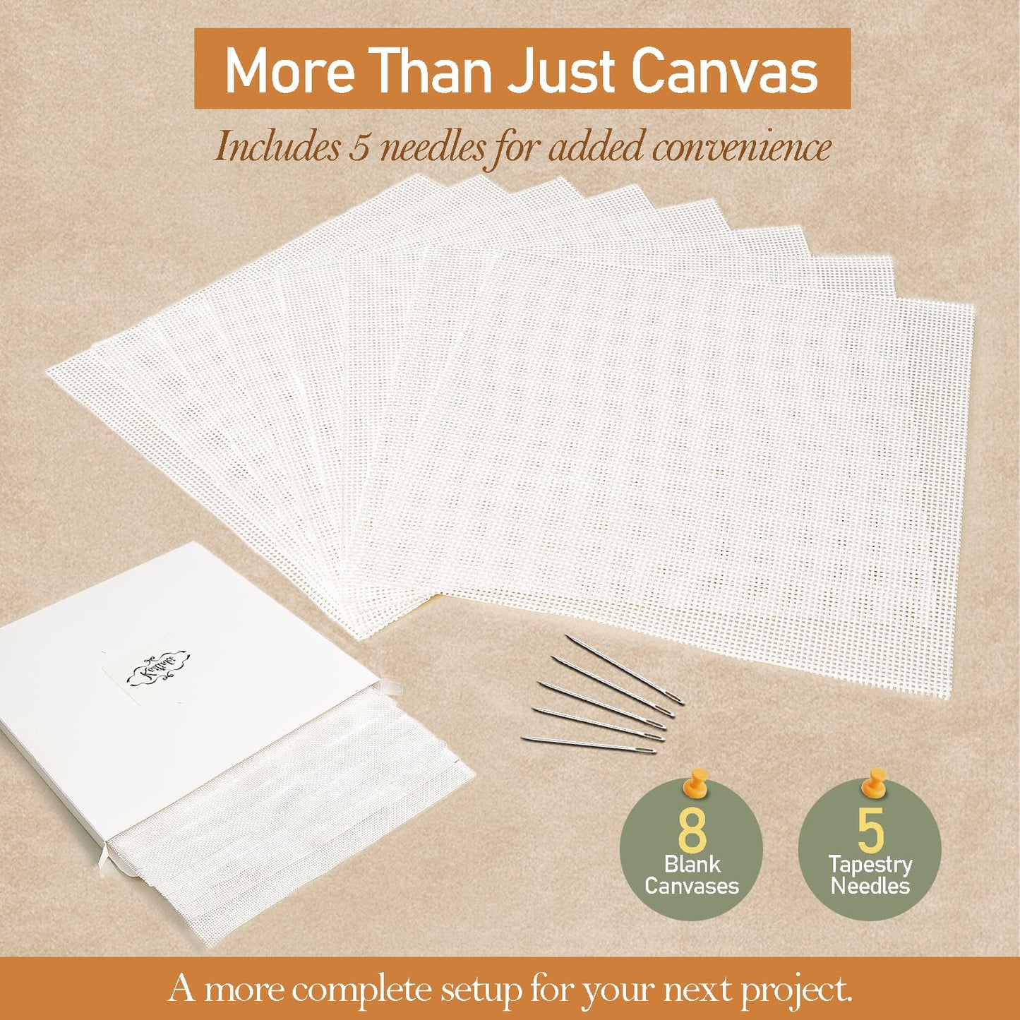 Needlepoint Canvas 13 Mesh, 8 Pack 8 x 8 Inch Pre-Cut Cotton Blank Embroidery Fabric with 5 Needles, Blank Canvas for Needlepoint, Canvaswork & DIY Craft Supplies, No-Fold Packaging