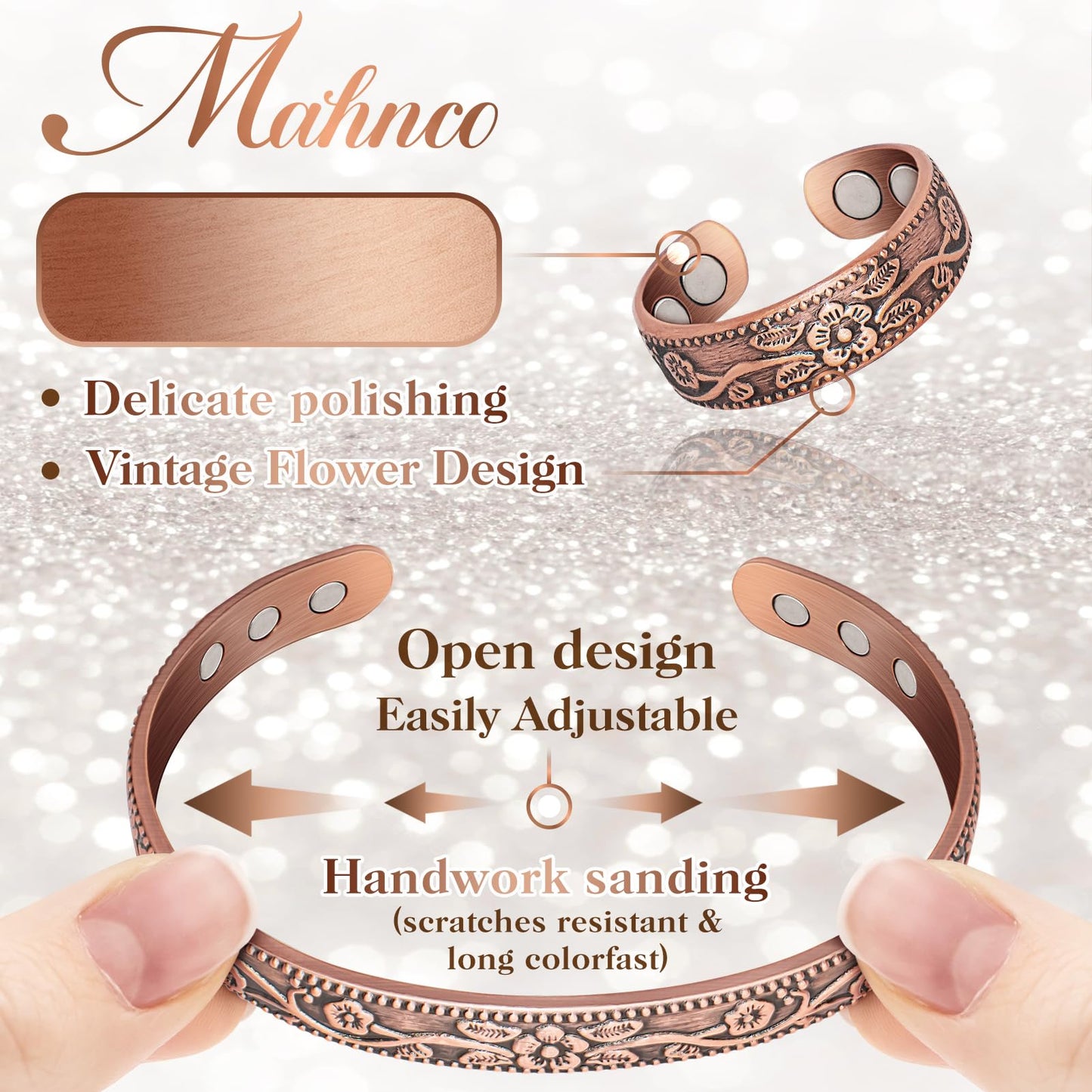 Copper Bracelet for Women & Lymphatic Drainage Ring, Adjustable 100% Solid Pure Copper Jewelry Gift with 6 Magnets, Vintage Unisex Wellness Design