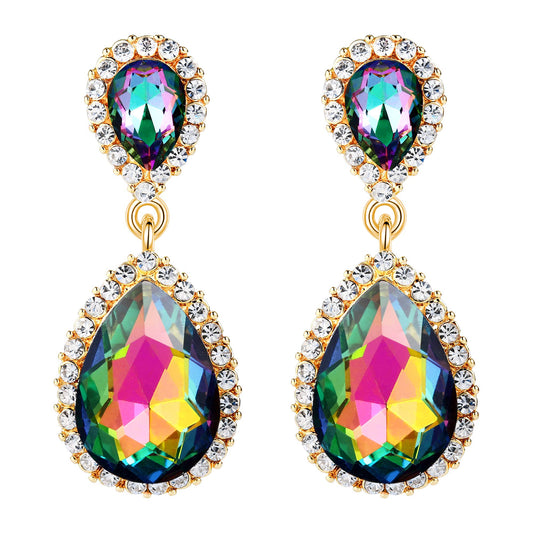 EVER FAITH Women's Austrian Crystal Prom Tear Drop Dangle Earrings Green AB Gold-Plated-Base