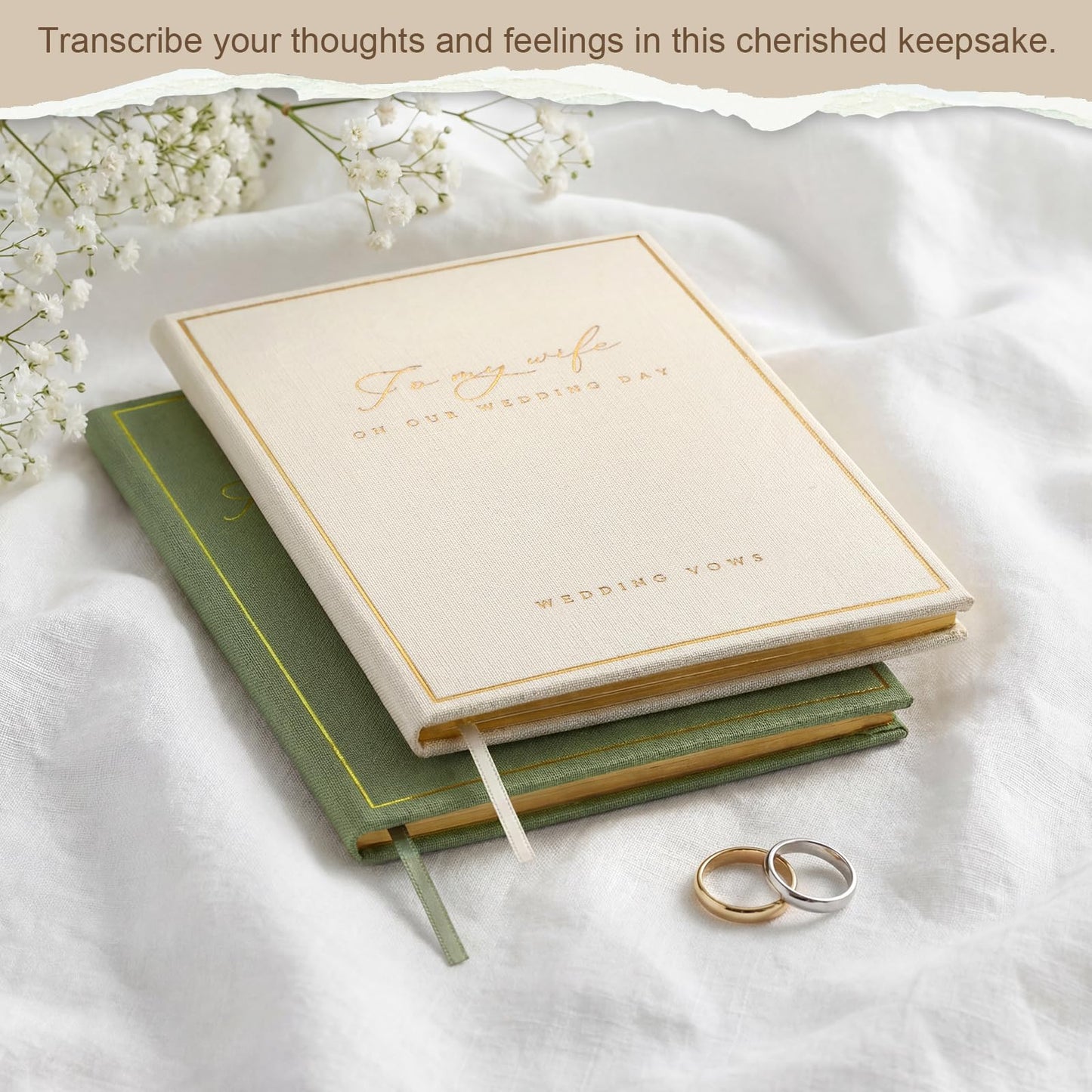 Engrowtic 2 Pcs Premium Wedding Vow Books His and Her Husband Wife Wedding Must Have Registry Ideas Canvas Linen Cover Gold Foil Lettering Lined Page Gift for Newly Engaged Couple(Light Green-White)