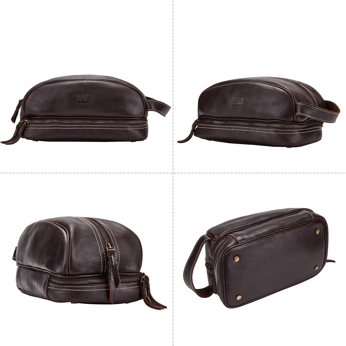 BRASS TACKS Leathercraft Travel Toiletry Organizer Dopp Kit Water-resistant Genuine Leather Shaving Bag for Toiletries Accessories For Men Women (Dark Brown)