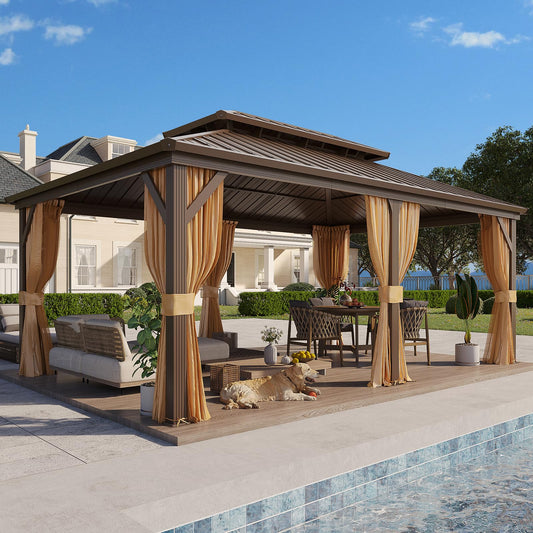 YOLENY 12' x 18' Hardtop Gazebo, Metal Gazebo with Aluminum Frame, Double Galvanized Steel Roof, Curtains and Netting Included, Metal Gazebos Pergolas for Patios, Garden, Parties, Lawns
