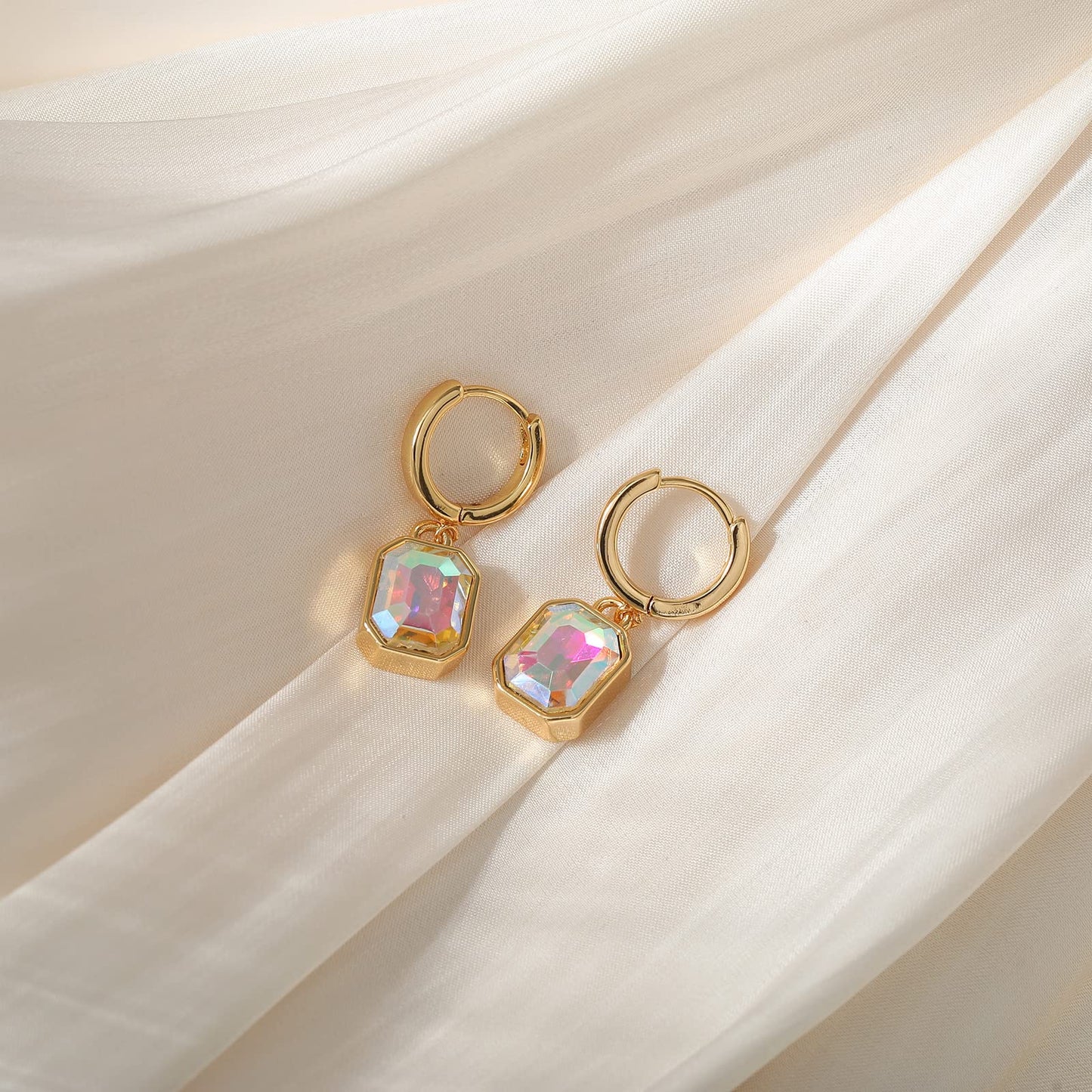 Birthstone Crystal Dangle Drop Earrings, 18K Gold Plated Huggie Hoop Hypoallergenic Earring Jewelry Gifts for Women (Aurora Borealis)