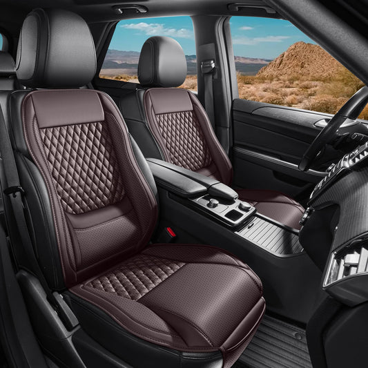 AuraSettle Premium Perforated Napa Leather Car Seat Covers Semi Universal Fit with Lumbar Support, Storage Bag for SUV Sedan Truck (Coffee Brown, Front Row Two Seats)