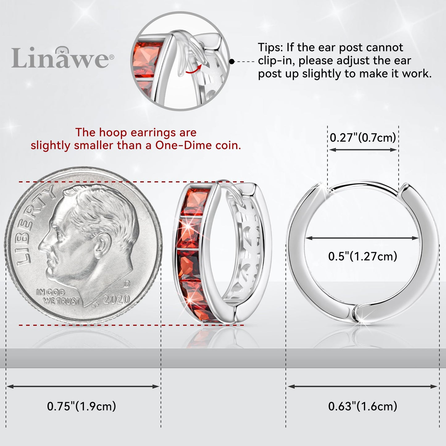 Linawe Tragus Piercing Jewelry, Silver Hoop Earrings for Women Trendy, Small Chunky Huggie Earrings, Red Cubic Zirconia Rhinestone Imitation Diamond Ruby Crystal Helix Earrings, Mini Hoop