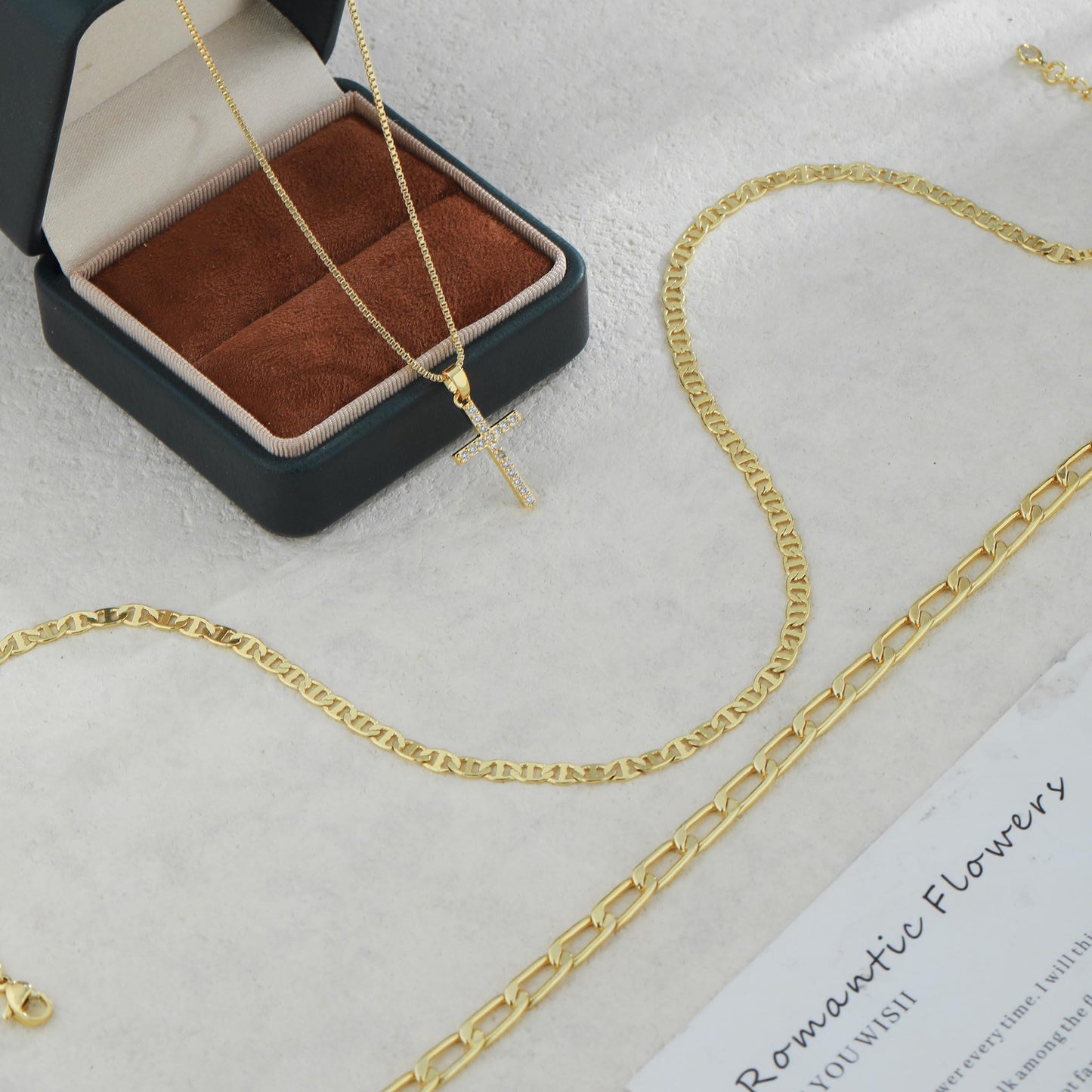 Kyerlyn Cross Necklace for Women,Stackable Stacked Stacking Layering Layered Necklaces Set Dainty 14 K Gold Paperclip Box Flat Mariner Chain Pendant CZ Simple Jewelry Gif t