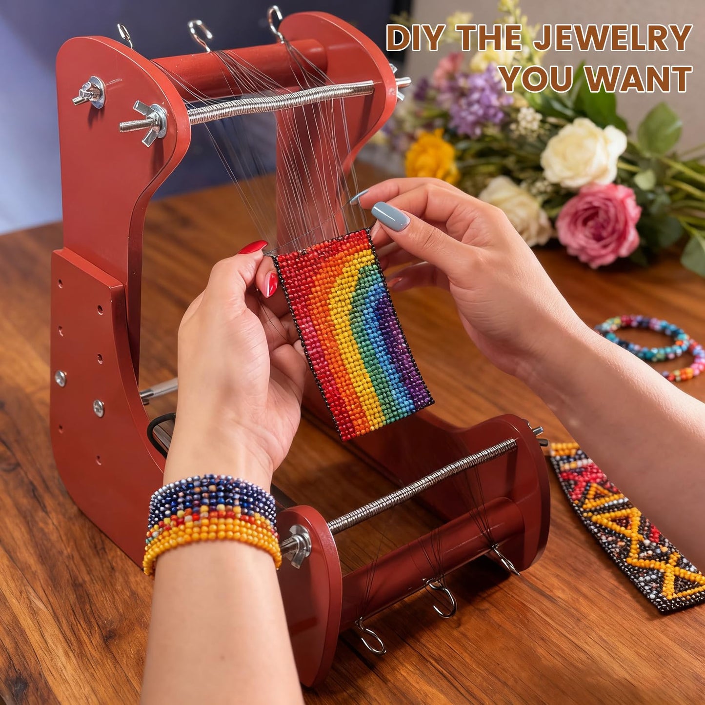 Adjustable Standing Bead Loom, Wood Beading Loom Kit with 4 Length Options, Ergonomic Angled Design, Work Area 7.5" to 10.5", Full Size 7" x 14" x 10", Includes Threader & Brush, for Jewelry & Crafts