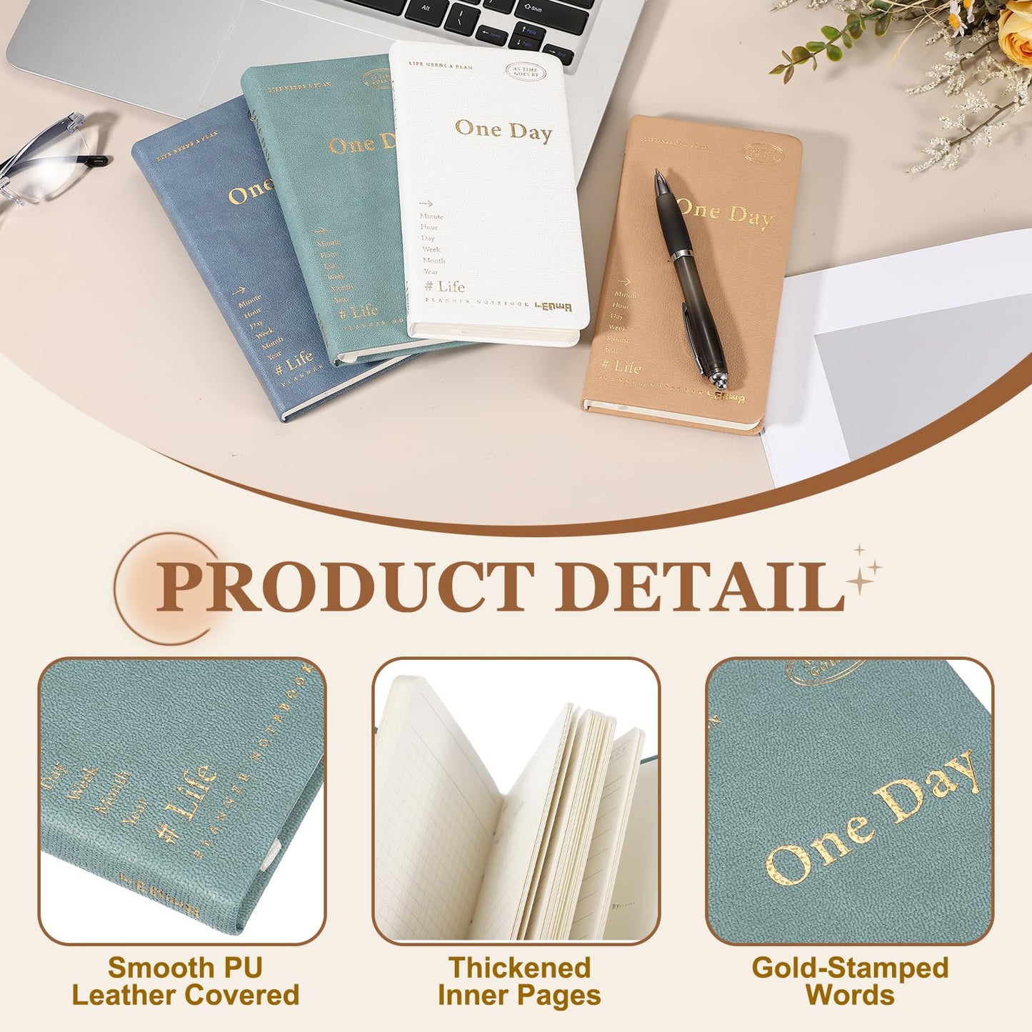 PATIKIL 2Pcs Planner Notebook, 7 x 3.8" 96 Sheets Undated Daily Planner Pocket to Do List Daily Weekly Goals Notebook for Office Home Study Work Time Management Habit Tracker, Green, Brown