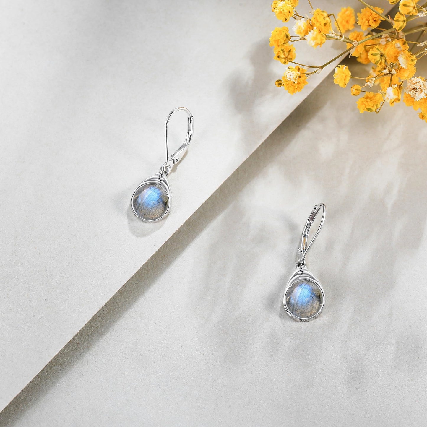 POPLYKE Labradorite Earrings - Sterling Silver Round Labradorite Leverback Dangle Earrings