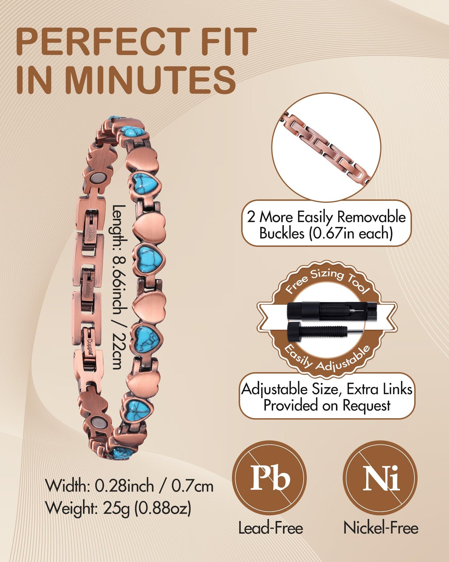 Feraco Pure Copper Bracelets for Women, Ultra Strength Magnetic Bracelet with 3800 Gauss Magnets & Natural Turquoise & Stones, Adjustable, Jewelry Gift (Ocean Heart)