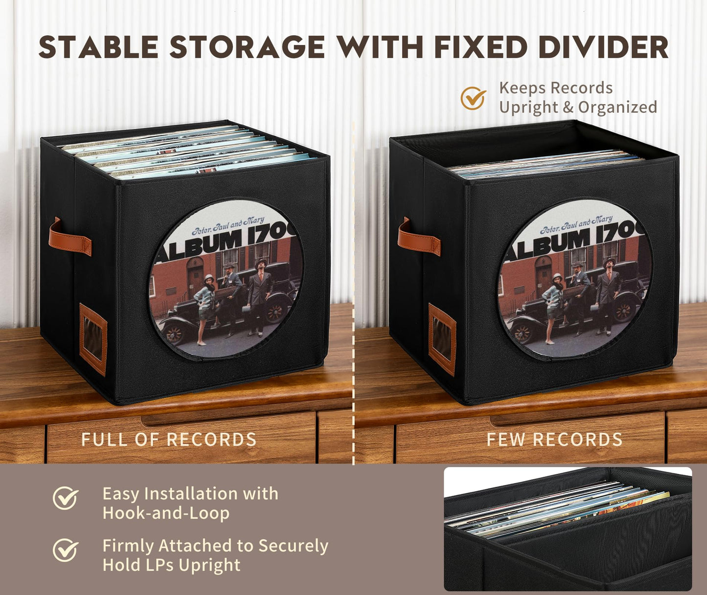 Qozary Vinyl Record Storage Box with Display Window for Album Covers, 2 Pack Record Organizer Crate with Lid, Collapsible LP Storage Box, Label Slot & Leather Handles, Holds Over 100 Vinyl Albums