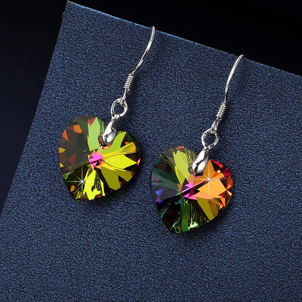 Austrian Crystal Heart Drop Dangle Earrings for Women 925 Sterling Silver Hook Hypoallergenic Earring (Vitrail Medium)