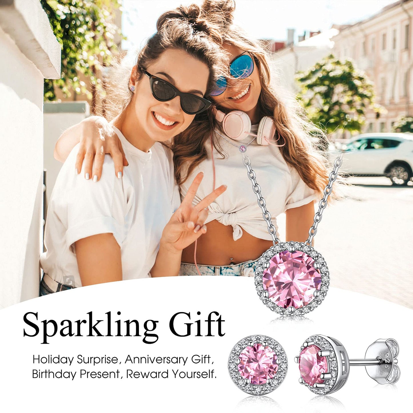 Bestyle Infinity Love Round Stud Earrings with October Pink Tourmaline Birthstone Crystal, Brilliant Love Round Diamond Studs Statement Jewelry for Women