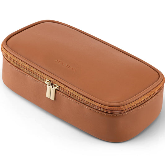 Vlando Travel Makeup Bag,Small Makeup Bag for Women,Gifts for Women Girls, Makeup Pouch Purse Travel Essentials Toiletries-Brown