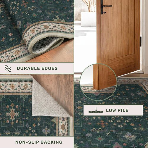 Hazo Haus Vintage Dark Green 6x9 Dining Room Rug - Washable Floral Low Pile Area Rug for Living Room | Non-Slip Design
