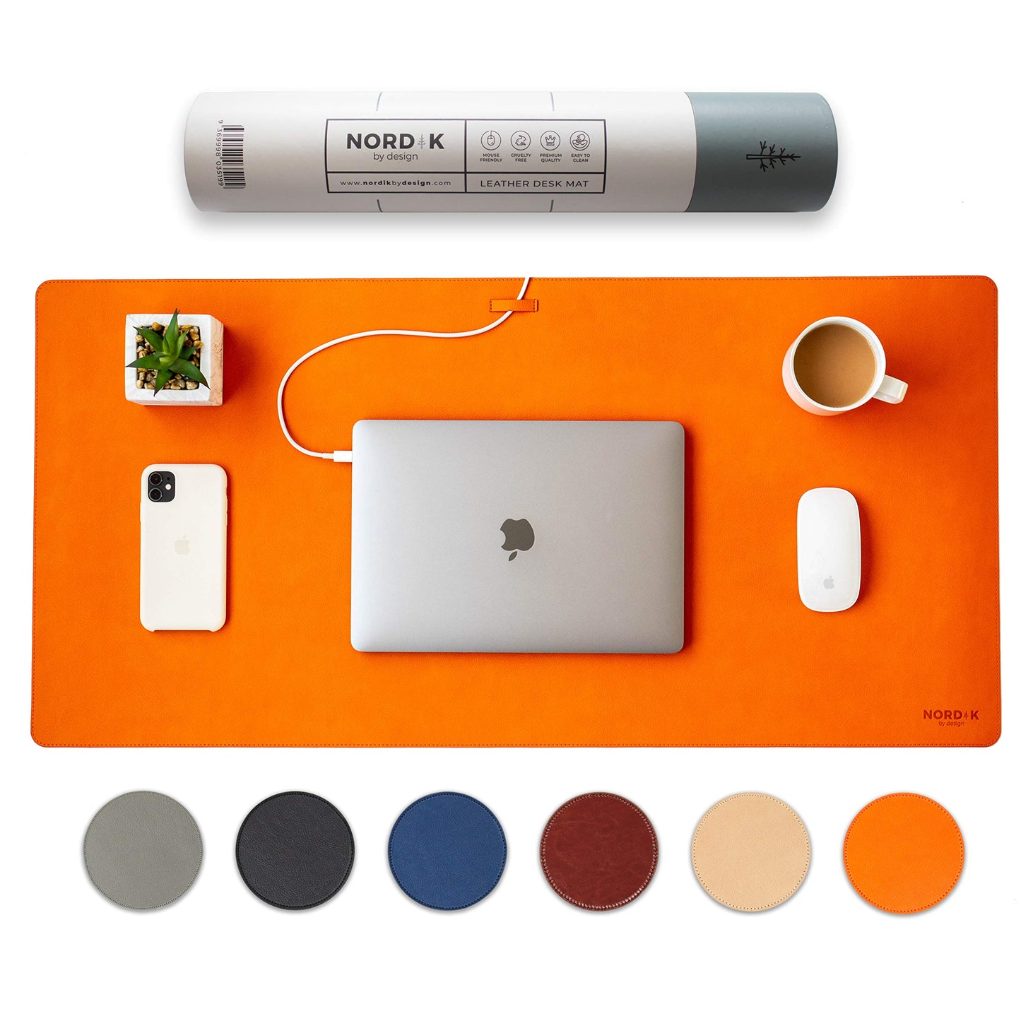 Nordik Leather Desk Mat Cable Organizer - Tangerine Orange 35 X 17 inch - Premium Extended Mouse Mat for Home Office Accessories - Non-Slip Vegan Leather Desk Pad Protector & Desk Blotter Pad