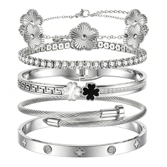Camhanno 5pcs Gold Stackable Bracelet Set for Women - Stainless Steel Non-Tarnish Clover Lucky Charm Bangle Jewelry, Trendy Gift for Girlfriend/Wife on Christmas Valentine's Birthday